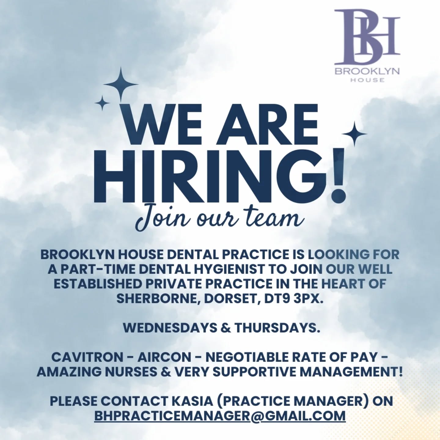 ☆ WE ARE HIRING ☆
We are looking for a Dental Hygienist to join our lovely team at Brooklyn House 💙
Please contact Kasia, Practice Manager, for more details.