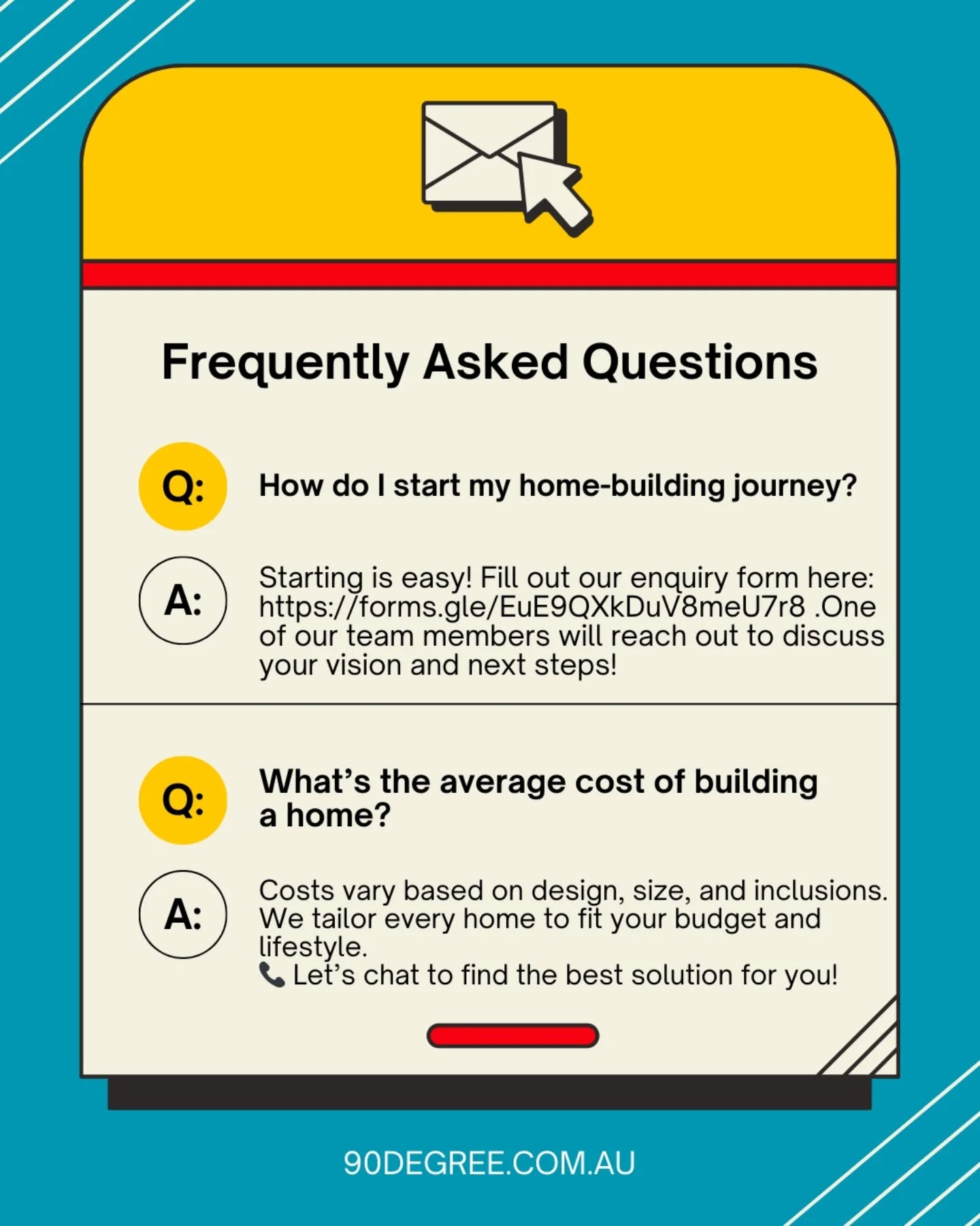 💬 Got questions about building your dream home? We’ve got answers! 🏡✨
We understand that the home-building journey comes with many questions, so we’ve put together this FAQ to help you get started with confidence.
Swipe through 👉 to learn:
✅ How to start your home-building journey
✅ The average cost of building a home 💰
✅ How long the process takes ⏳
✅ Custom home design options 🎨
✅ Our building locations & what’s included in pricing 📍
✅ Financing, council approvals, and more!
📩 Still have questions? We’d love to chat! DM us or click the link in our bio to enquire today https://forms.gle/EuE9QXkDuV8meU7r8
Let’s turn your vision into reality!
#90DegreeResidential #CertifiedPassiveHouseBuilder #DenmarkWA #SustainableBuilding #DreamHome #CustomHomes #BuildingWA #NewBuild
