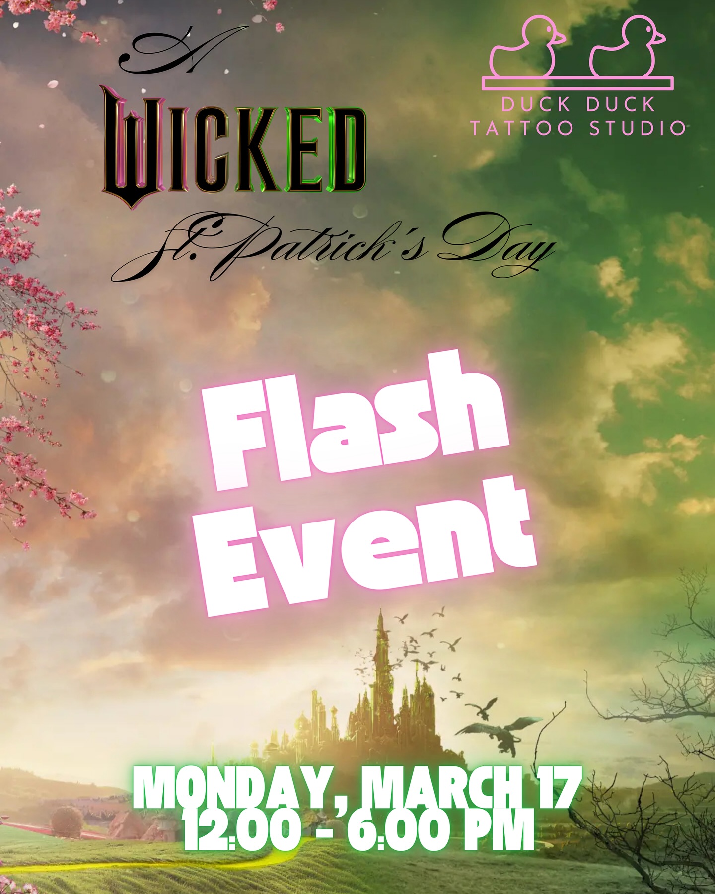 ⭐️ Flash Day! ⭐️
We are thrillifyingly excited to invite you to our festivating St. Patty’s Day ✨💚Wicked💚✨ themed event on March 17th! Rejoicify with us as we have the movie playing all day long and snag some fun Wicked/St Patty’s themed tattoo flash! 🌈🍀
We encouragerize you to wear green 💚 (or pink 🩷😉)
We will be posting flash from our artists closer to the event, so stay tuned to discoverate what awesome piece you want to snag!