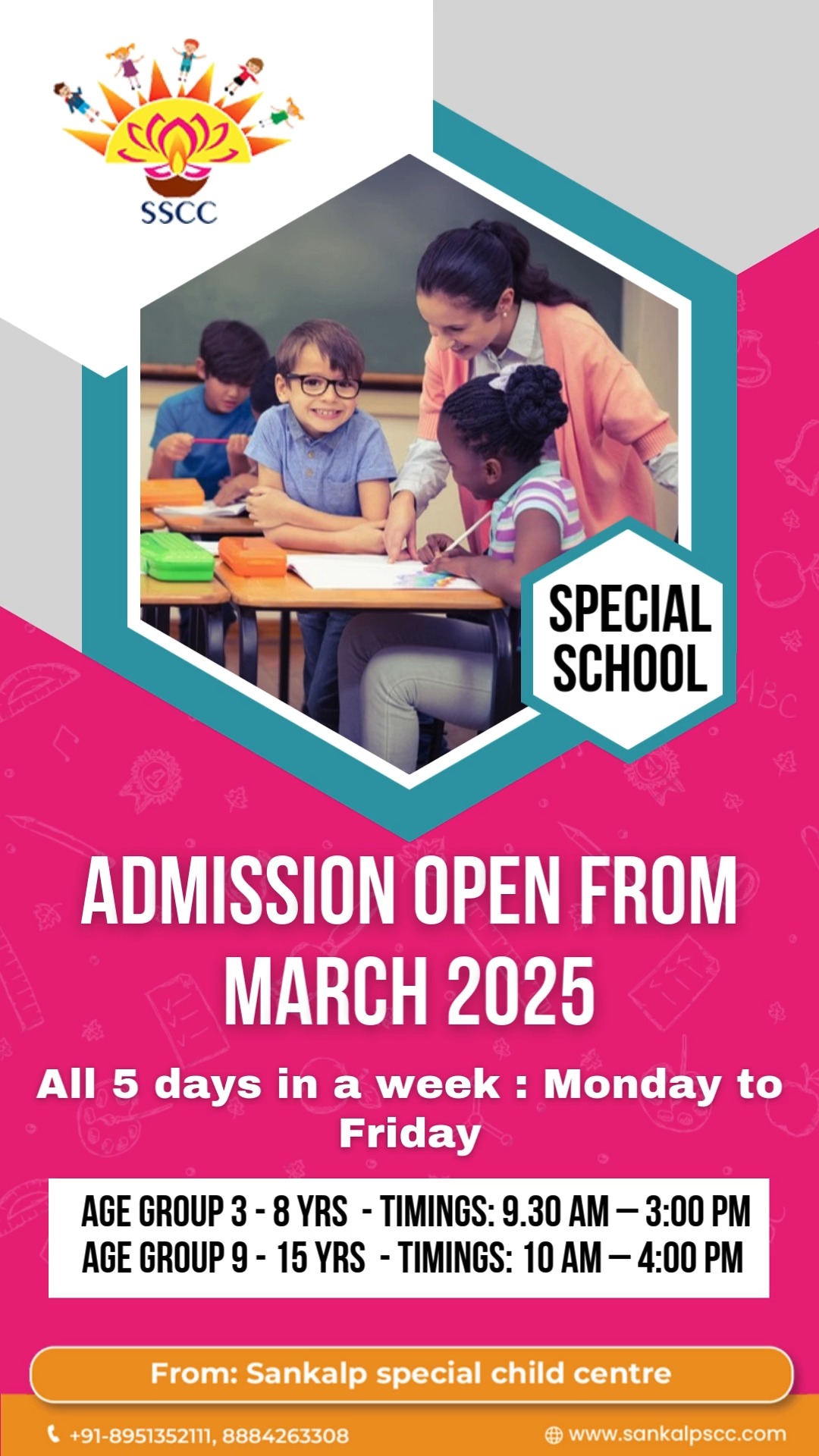 π Admission Open for March 2025! ππ
Join Sankalp Special Child Centre for a brighter future! πβ¨
β
Special education for children aged 3-15 years
β
All 5 days a week β Monday to Friday π«
β
Expert teachers & a supportive environment π€β€οΈ
π
Timings:
π§ Age 3-8 yrs: 9:30 AM β 3:00 PM
π¦ Age 9-15 yrs: 10:00 AM β 4:00 PM
π Contact us at +91-8951352111, 8884263308
π Visit: www.sankalpscc.com
#SpecialEducation #BrightFuture π #InclusiveLearning #Admissions2025 π