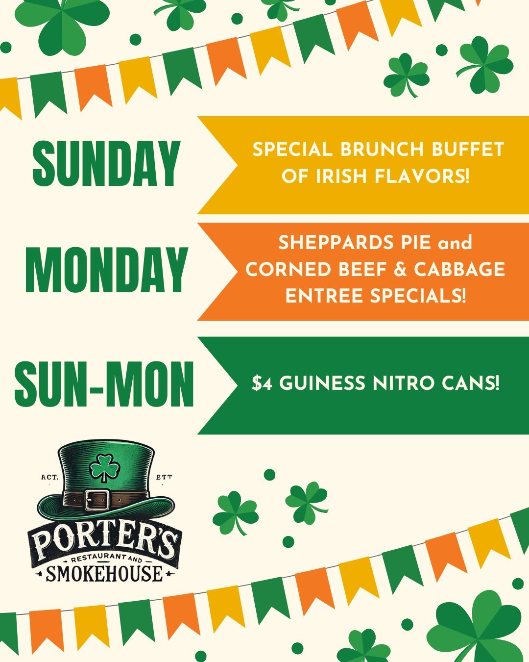 ☘️ A Feast Fit for the Irish in All of Us! ☘️
St. Patrick’s Day is all about great food, great company, and a little bit of luck—and we’ve got all three at Porters! 🍀✨ Our family-recipe corned beef and cabbage is the real deal—slow-cooked, melt-in-your-mouth perfection, just like it should be. 🥩🥬 Pair it with a frosty pint of Guinness, and you’ve got yourself a St. Paddy’s celebration worth raising a glass to! 🍻
Come hungry, come thirsty, and come ready for good times, great flavors, and plenty of Irish cheer! 🇮🇪🎶