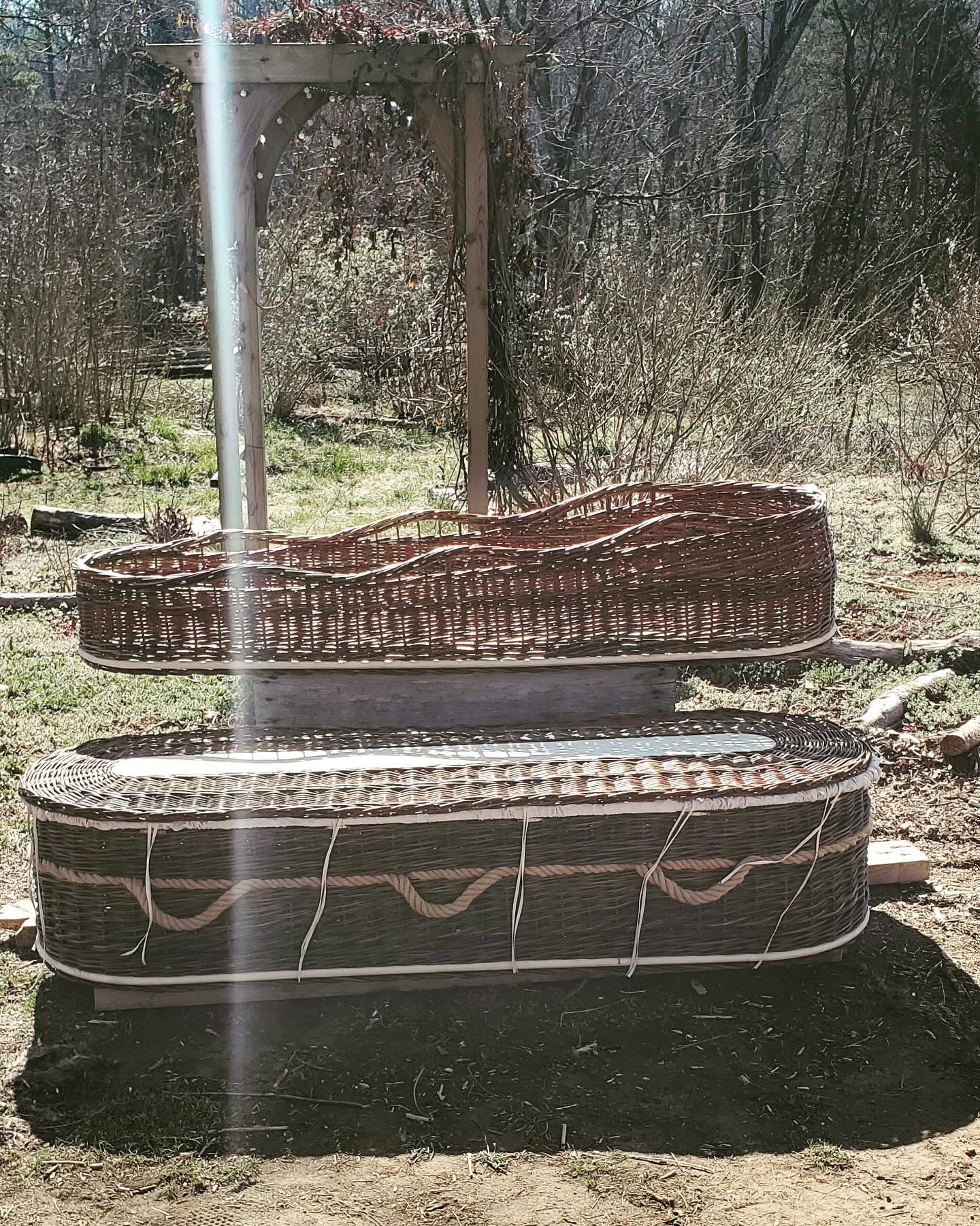 This willow casket and burial tray went out over the mountains last week to Jasper, GA, where I had the joy of seeing them set up in the casket display room at Roper Funeral Home, side-by-side with the formal, conventional caskets. Being a dork I asked to take a picture, like a proud mama sending her babies off on the first day of school😂. This funeral home is working closely with a new conservation cemetery in North Georgia, @pottsmountainburialgrounds, that has made a commitment to prioritizing locally-made caskets and shrouds. So thankful for the funeral homes and green cemeteries that not only work so hard serving their communities, but also help support local makers like me. Photo by @vodoc_xeno
#greenburial #naturalburial #conservation #sustainability #willowcasket #willowbasketry #handwoven #salix #appalachia #appalachiangrown #supportlocal #smallbusiness #smallbusinesseshelpingsmallbusinesses