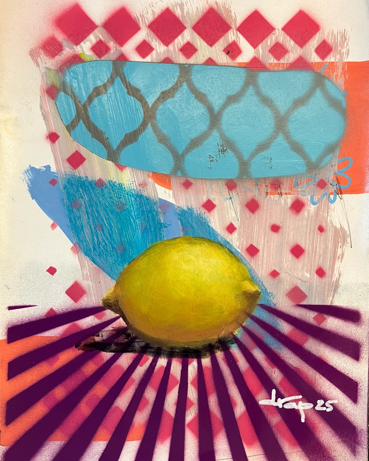 Lemonade series. 8.5x11 mixed media on paper. These works to me are like diary entries. I approach most of my work with the idea that they are like distilled stories and portraits in the language of symbolic metaphors and repetitive patterns. A cacophony of time and space all going on at once. You gotta make the best you can with what you have, there is no other way. “When life gives you lemons bla bla bla”. I approach failure with joy, longing and perseverance. This philosophy I believe I got from skateboarding where you are fully aware that what you are doing is dangerous scary and you will definitely fail. You are in competition with no one other than yourself to do it right. This repetition of the lemon is symbolic of those trials and tribulations . We are all born under different circumstances, there is nothing we can do about that. Different backgrounds, different stories yet we are here, now. More to come about all that. This series of over 100 lemons is part of my first solo show. Glitch kitsch and things mother would like. Exhibition is hosted at @cabgalleryandstudio opening Thursday the 20th of march.
.
.
.
.
.
.
.
#oilpainting
#contemporarypainting
#mixedmedia
#dylanrapillard
#bahamianart
#contemporaryart
#caribbeanart
#mixedmediaart
#swissartist
#artistsoninstagram
#artshow
#artoftheday
#lemon
#stillifepainting
#art #lemonpainting #graffiti