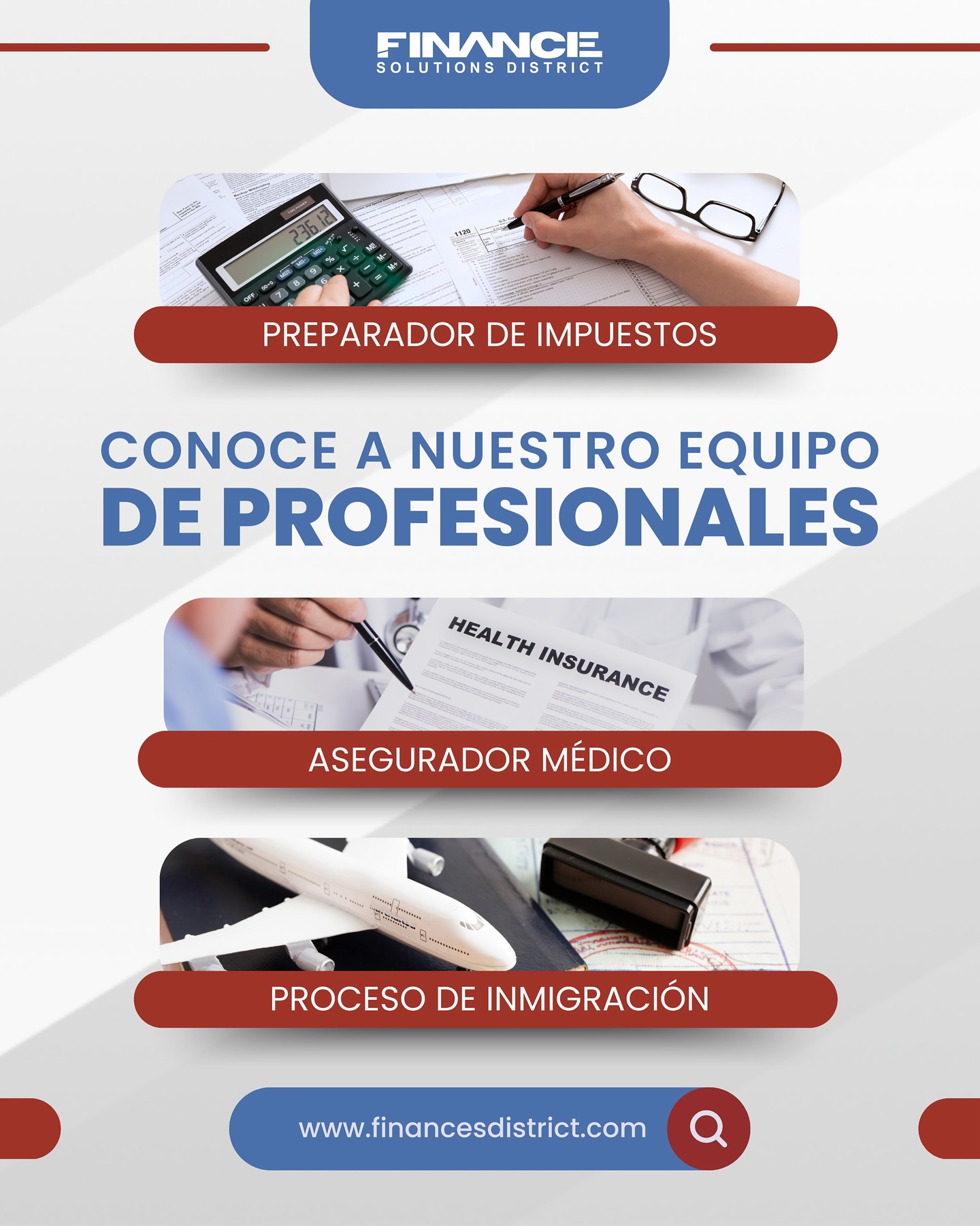 Tu tranquilidad financiera en buenas manos🤝🏼
Nuestro equipo de expertos en Finance Solutions District te ofrece soluciones integrales en impuestos, seguros médicos y procesos de inmigración✈️💸
Con años de experiencia y un compromiso inquebrantable con la excelencia, te garantizamos un servicio personalizado y de alta calidad✅
Visita www.financesdistrict.com para conocer más sobre nosotros y cómo podemos ayudarte👩🏻💻
.
.
.
#confianza #experiencia #finanzas #impuestos #segurosmédicos #inmigración #asesoría #financesolutionsdistrict
