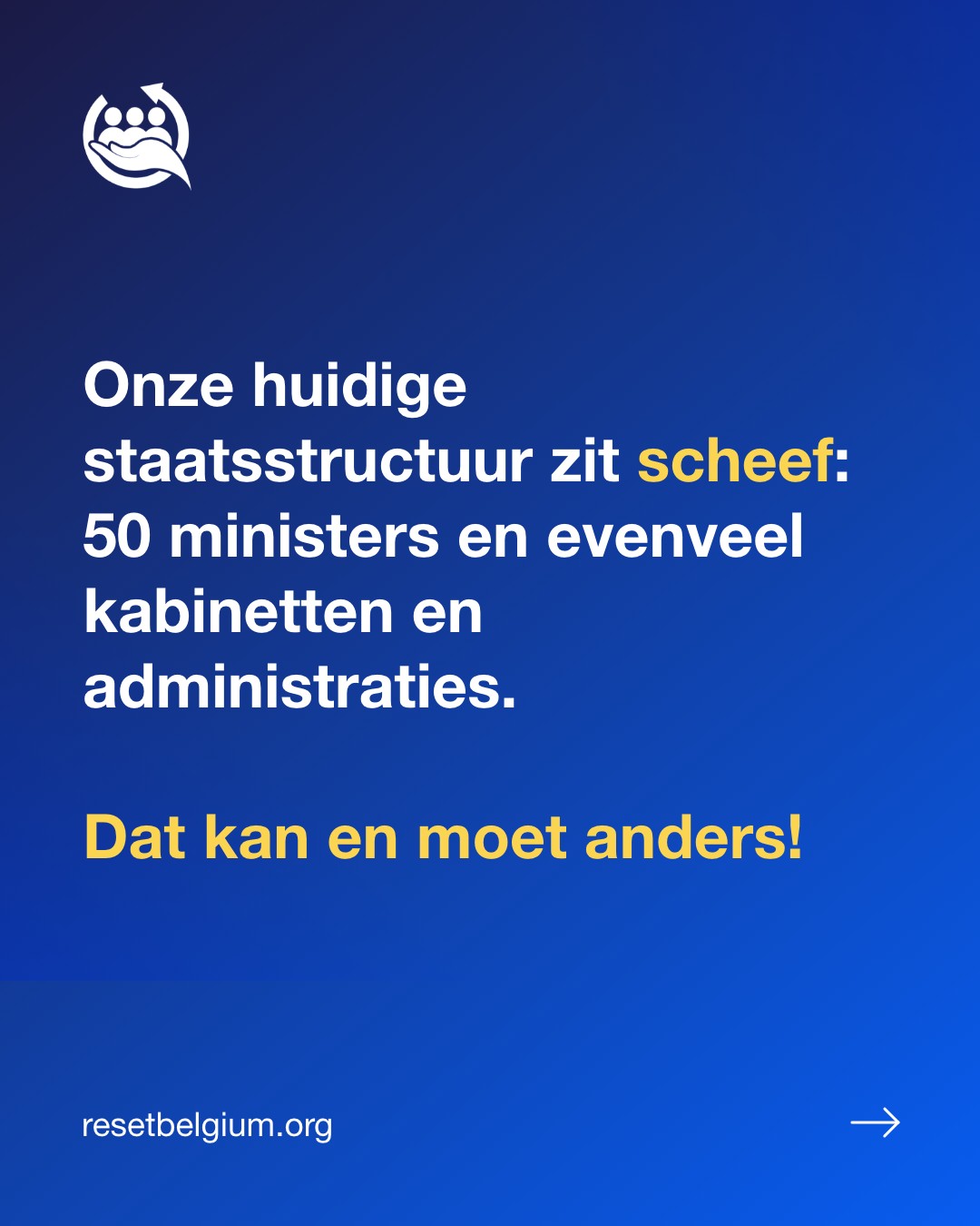🇧🇪 𝐄𝐞𝐧 𝐥𝐚𝐧𝐝 𝐢𝐧 𝐬𝐭𝐢𝐥𝐬𝐭𝐚𝐧𝐝 𝐝𝐨𝐨𝐫 𝐞𝐞𝐧 𝐯𝐞𝐫𝐬𝐧𝐢𝐩𝐩𝐞𝐫𝐝𝐞 𝐬𝐭𝐚𝐚𝐭𝐬𝐬𝐭𝐫𝐮𝐜𝐭𝐮𝐮𝐫
Sinds de jaren ‘70-’80 werd België steeds verder geregionaliseerd. Meer bevoegdheden voor deelstaten, maar ook meer beschermingsmechanismen en politieke buffers. Het resultaat? Een land waar niemand écht de touwtjes in handen heeft.
🔄 Bevoegdheden versnipperd over verschillende niveaus:
❌ Mobiliteit, energie, werkgelegenheid? Verdeeld over meerdere regeringen.
❌ Beslissingen? Vertragen door eindeloos overleg en belangenconflicten.
❌ Oplossingen? Blijven uit omdat niemand de volledige verantwoordelijkheid draagt.
📉 Gevolg: stilstand in plaats van vooruitgang.
𝐇𝐞𝐭 𝐰𝐨𝐫𝐝𝐭 𝐭𝐢𝐣𝐝 𝐨𝐦 𝐞𝐟𝐟𝐢𝐜𝐢𝐞̈𝐧𝐭𝐢𝐞 𝐛𝐨𝐯𝐞𝐧 𝐩𝐨𝐥𝐢𝐭𝐢𝐞𝐤𝐞 𝐬𝐩𝐞𝐥𝐥𝐞𝐭𝐣𝐞𝐬 𝐭𝐞 𝐩𝐥𝐚𝐚𝐭𝐬𝐞𝐧.
𝐓𝐢𝐣𝐝 𝐯𝐨𝐨𝐫 𝐞𝐞𝐧 𝐫𝐞𝐬𝐞𝐭. 𝐄𝐞́𝐧 𝐝𝐮𝐢𝐝𝐞𝐥𝐢𝐣𝐤𝐞 𝐬𝐭𝐫𝐮𝐜𝐭𝐮𝐮𝐫, 𝐞́𝐞́𝐧 𝐛𝐞𝐥𝐞𝐢𝐝 𝐝𝐚𝐭 𝐰𝐞𝐫𝐤𝐭.
➡️ Een verenigd land met 9 provincies
➡️ Vereenvoudigde regering met 10 ministers
➡️ Provinciegouverneurs met beperkte bevoegdheden
➡️ Een beperkt parlement met 200 volksvertegenwoordigers en 50 senatoren.
—
#ResetBelgium #Hervorming #Politiek #Democratie #Burgerbeweging #België #ToekomstBelgië
