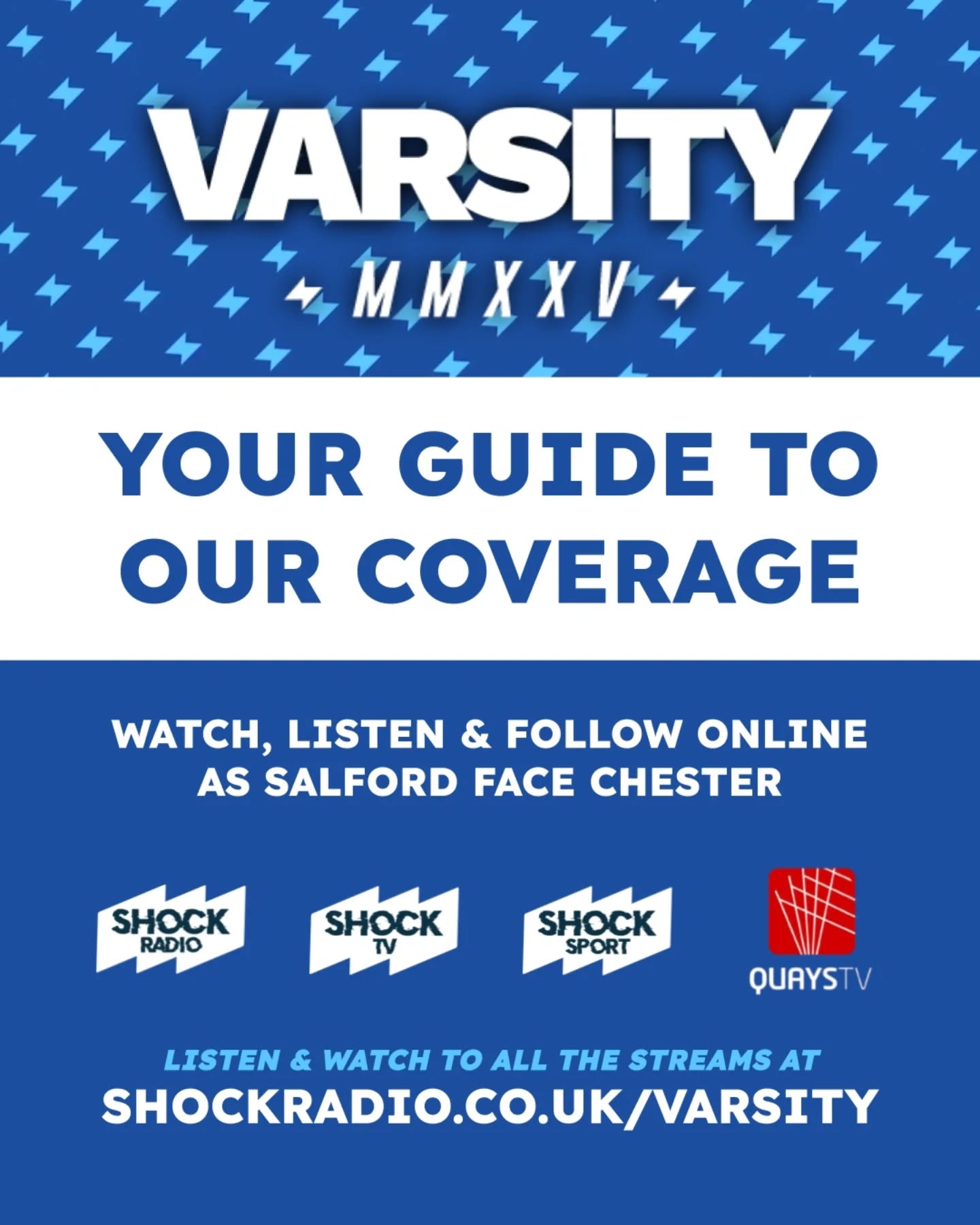 It's finally here! Varsity is back as @salfordsu go head to head with @uocathleticsunion.
We will be streaming more games live than ever before.
Shock Radio kicks off the day with Varsity Breakfast - a lookahead to the day. Shock's main coverage kicks off at 11am with @adamskinn28 and @emma.nelsonx at the helm.
Shock Sport, our pop up radio station, is the home of Varsity Extra throughout the day. All games streamed here will also be uploaded to Shock TV.
Quays TV will have Varsity Updates thoughout the day and will also bring you live coverage of the Women's Volleyball.
For more information visit shockradio.co.uk/varsity
