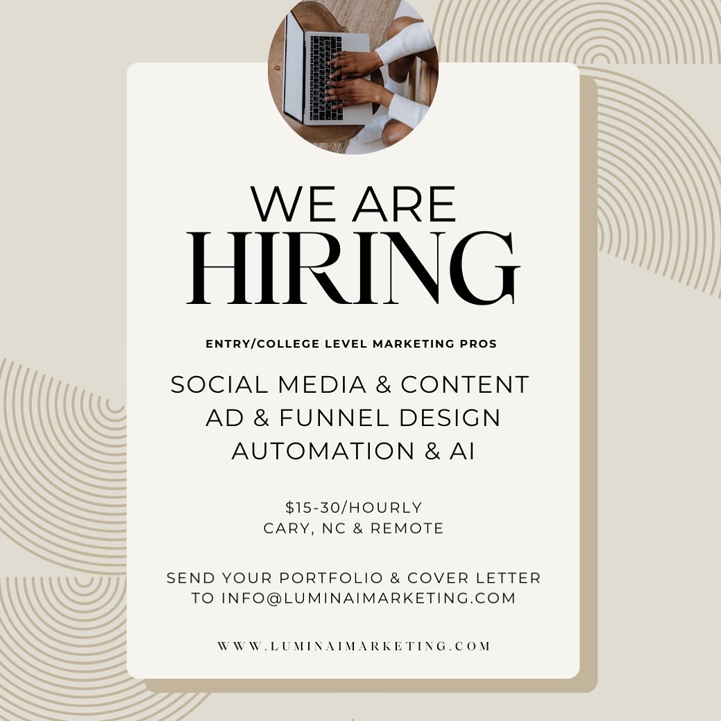 Weâre hiring! Are you a marketing-savvy college grad or entry-level creative with skills in social media, content creation, funnels, automation, AI, and ops? Come build with us at Luminai Marketingâa fully remote team transforming brands with strategy + storytelling supercharged by AI.
Flexible hours | $15â30/hr | Room to grow + commission opportunities
Tag someone who should apply or DM us for the link!
#MarketingJobs #RemoteWork #AIinMarketing #ContentCreators #DigitalMarketing #NowHiring #EntryLevelJobs #JoinOurTeam #LuminaiMarketing