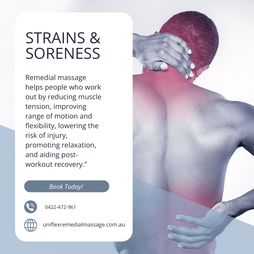 Struggling with strain and muscle tightness? Say hello to relief with our tailored remedial massages. π Your well-being is our priority, so why wait? Book now and start your journey towards feeling your best self. #UniflexRemedialMassage #PainRelief