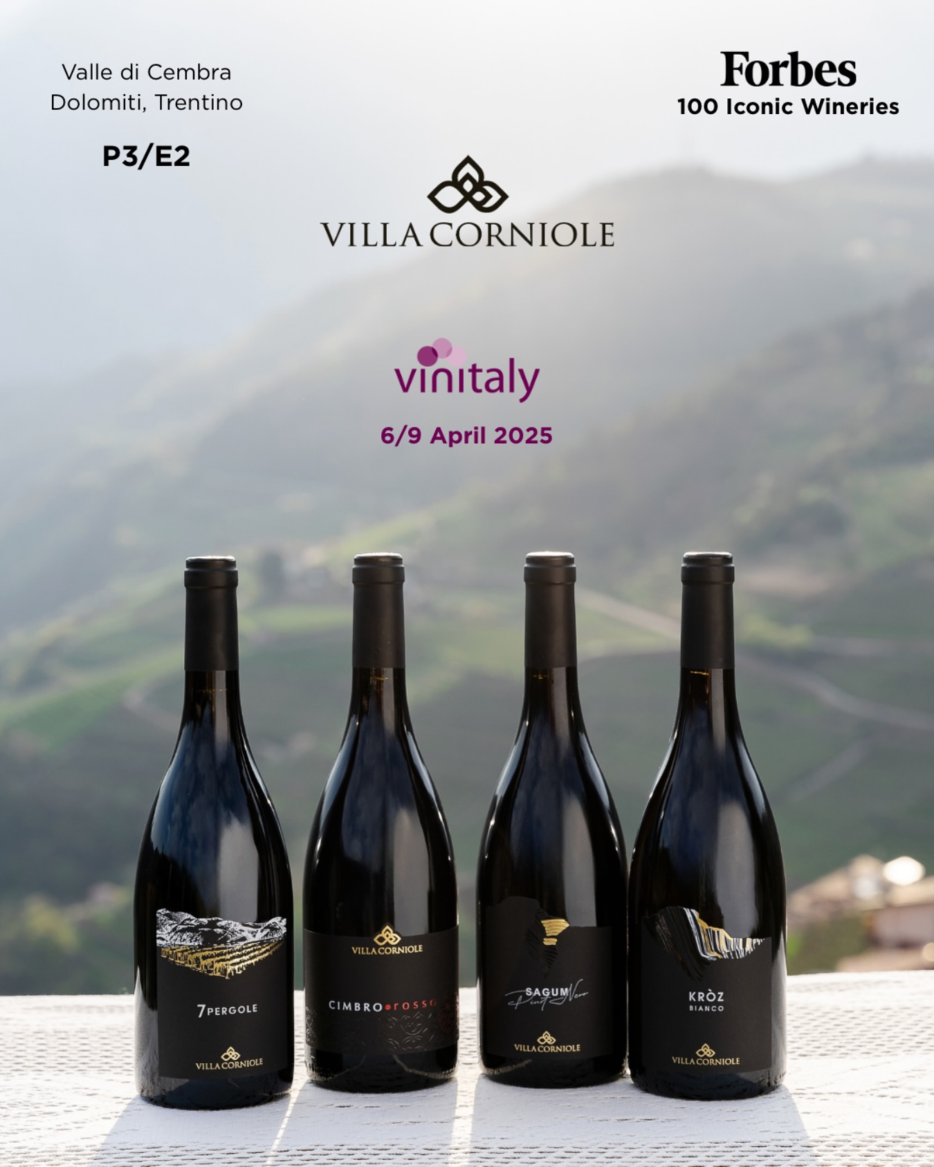 Dal 6 al 9 aprile saremo presenti a #Vinitaly Verona, il più prestigioso evento dedicato al mondo del vino in Italia. Vi invitiamo a scoprire l’autenticità e l’eleganza dei nostri vini di #montagna presso il Padiglione 3, Stand E2. Un’opportunità per incontrarci e degustare insieme l’eccellenza del nostro territorio. Vi aspettiamo!
From April 6th to 9th, we will be attending #Vinitaly Verona, the most prestigious event dedicated to the wine industry. We invite you to discover the authenticity and elegance of our #mountain wines at Pavilion 3, Stand E2. A unique opportunity to meet and taste the excellence of our territory. We look forward to seeing you!
info@villacorniole.com
+39 0461 695067
www.villacorniole.com
@vinitalyofficial