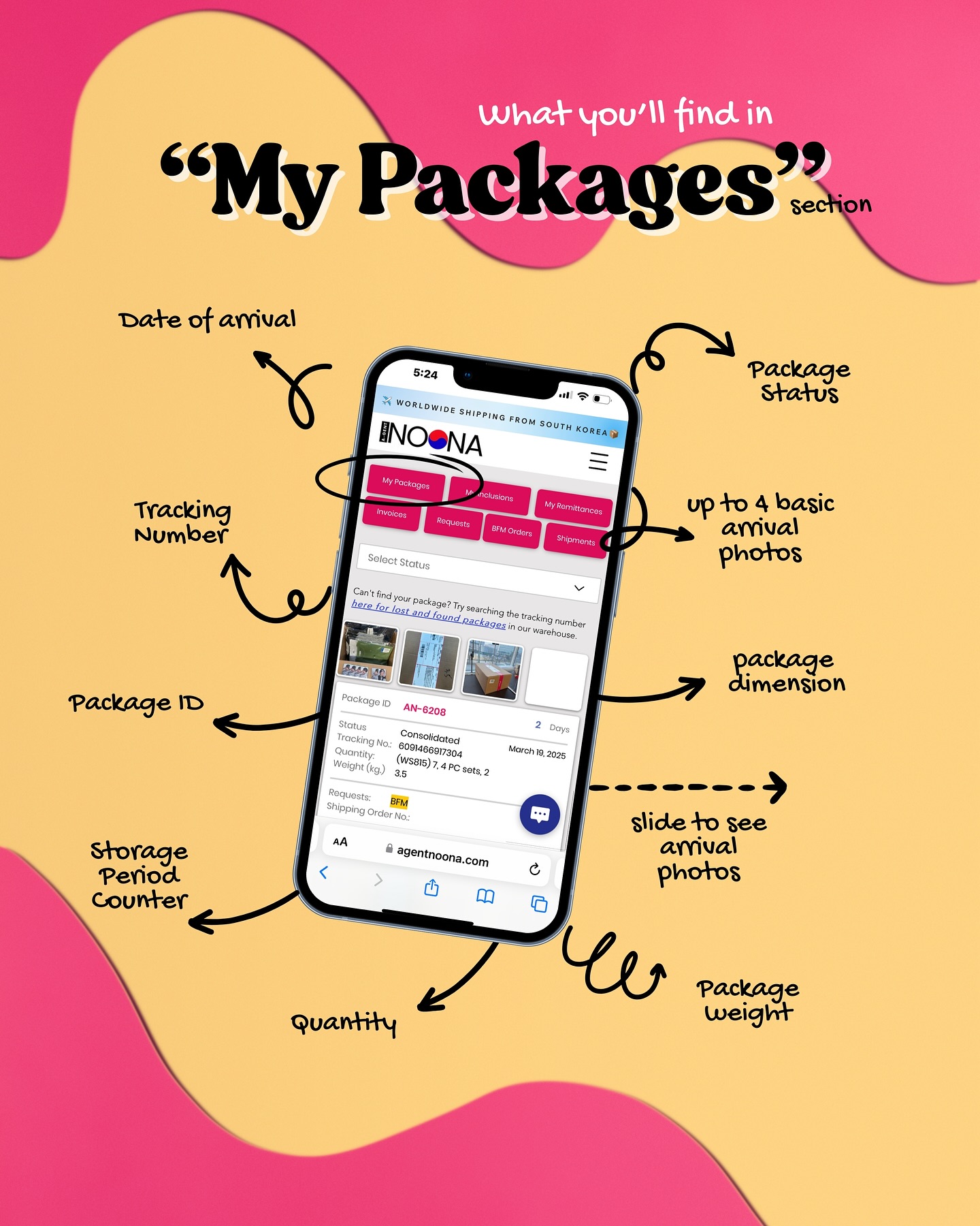 📦 Plan Your Shipping with Ease! 📦
Our My Packages feature helps you plan ahead for your shipments with Agent Noona. You can easily track the status, weight, quantity, and even see what’s inside your package as soon as it arrives—no need to request it!
📦 Check out what you’ll see in the My Packages section:
• Date of arrival 📅
• Tracking number 🔍
• Package status 🚚
• Up to 4 arrival photos 📸
• Weight, quantity, and more!
🔍 Use our filter feature to quickly find and sort your packages. Never lose track of your items again! 💪💕
Stay in control and plan ahead with Agent Noona!
#kpopgom #koreanaddress #ateezgom #ateezwtt #straykidsgom #svtwts