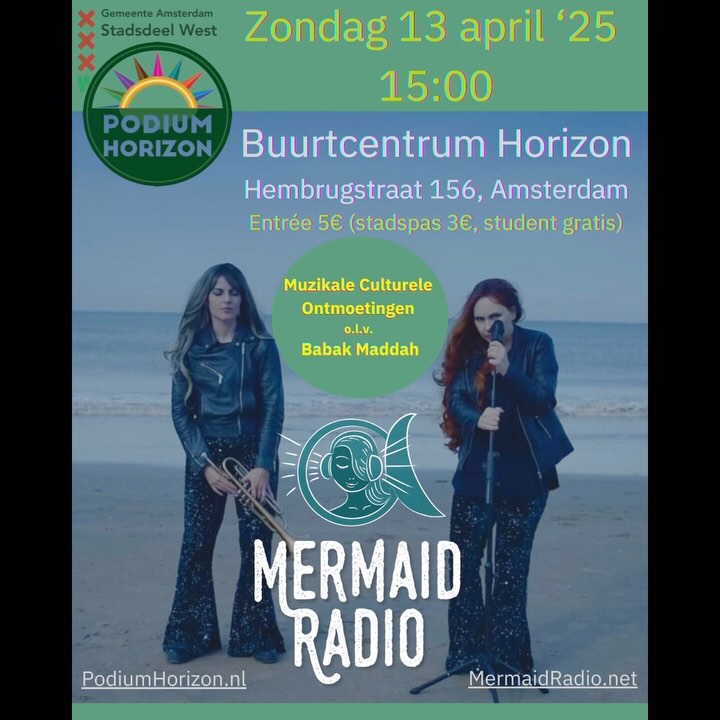 Hello friends and music lovers in Amsterdam @amsterdamlivemusic #🧜♀️🧜♀️📻
Mermaid Radio is reopening its Aquarium on 13 April 2025 in a wonderful urban enviroment: @buurthuis.de.horizon ! The venue is hosting a new series curated by our friend and drummer @babak_maddah there and we hope you will be our witness 🤗 Also: our next single ALARM will be released that day 🤗 🥂🎉 See you there! #mermaidradio #electronicduo #urban #globalmusic @mermaidradioinsta @raya_hadzhieva @charllottemusic