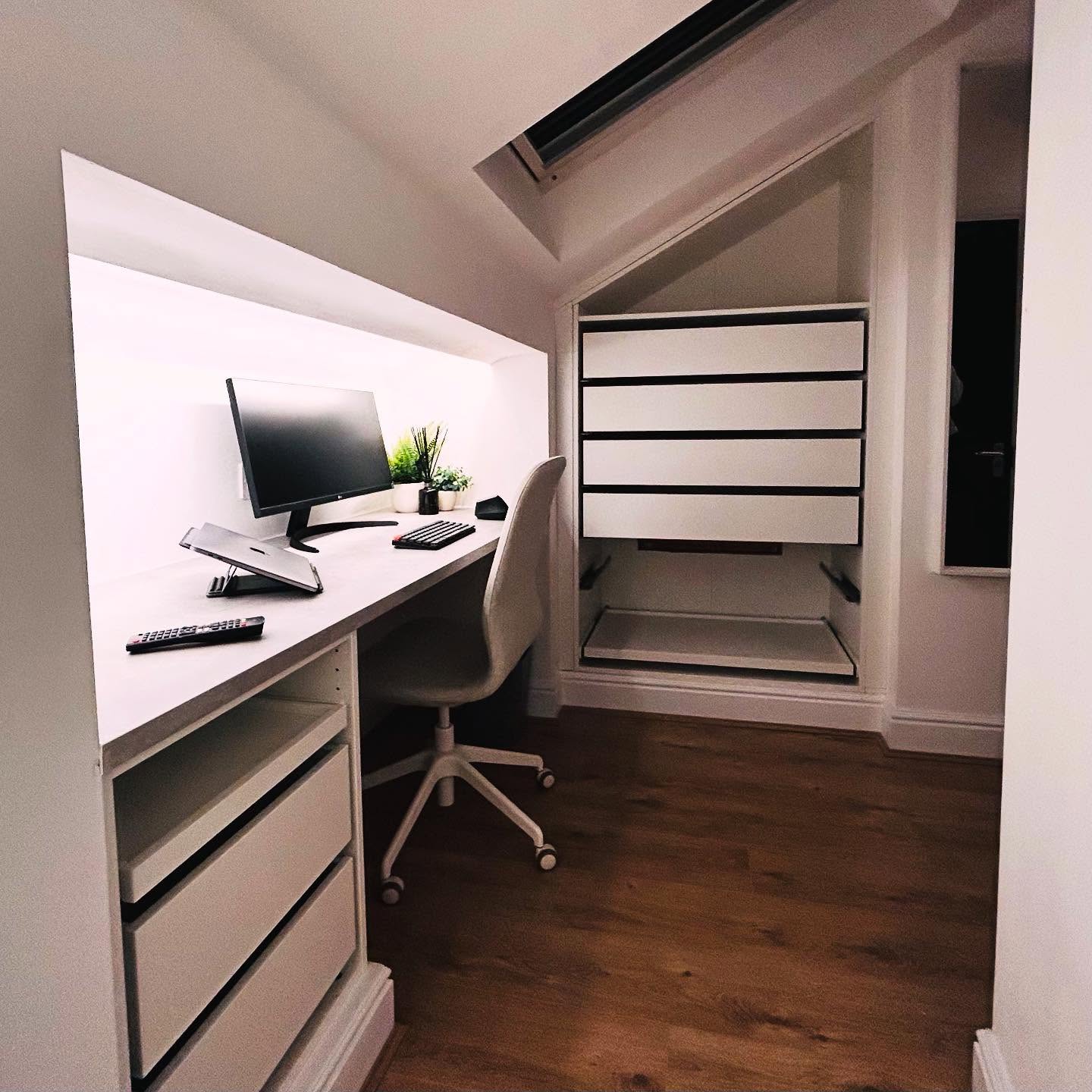 Looking for storage in your attic room?
We’ve customised this IKEA frame to fit perfectly under the sloping ceiling and added a built-in desk for a seamless, functional design.
If you’re after something similar get in touch!
#ikeahack #customstorage #fittedfurniture #paxwardrobe #smallspacesolutions #paxhack #ikeawarrington