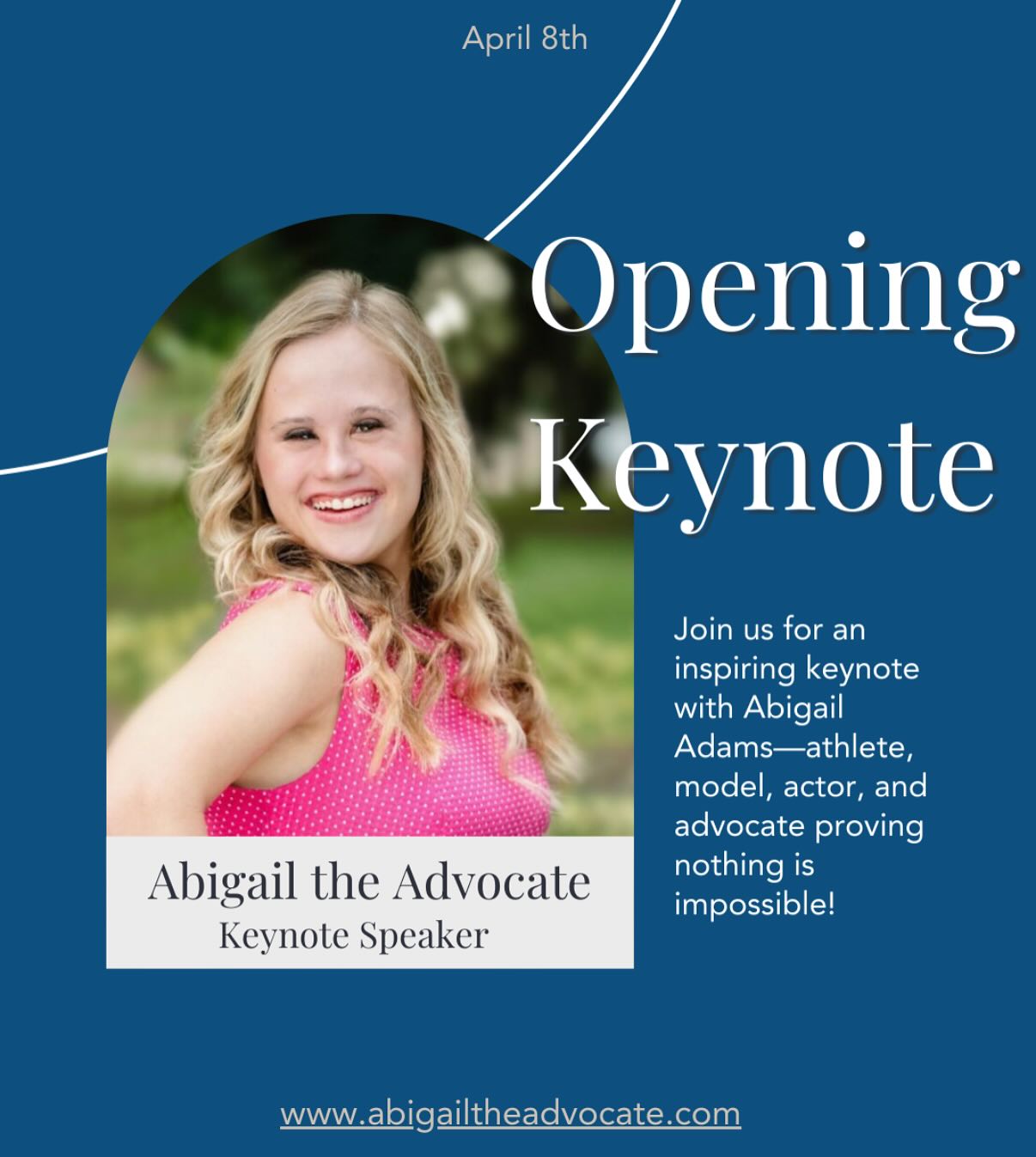 Excited to announce our Opening Keynote for VISIONS 2025!
Join us on April 8 as Abigail Adams, known as “Abigail the Advocate,” kicks off the conference. Abigail is a 15-time triathlete, motivational speaker, actor, and model who challenges perceptions and inspires countless individuals. Her journey exemplifies resilience and the power of advocacy!
Get ready to be moved, energized, and inspired!
abigailtheadvocate.com