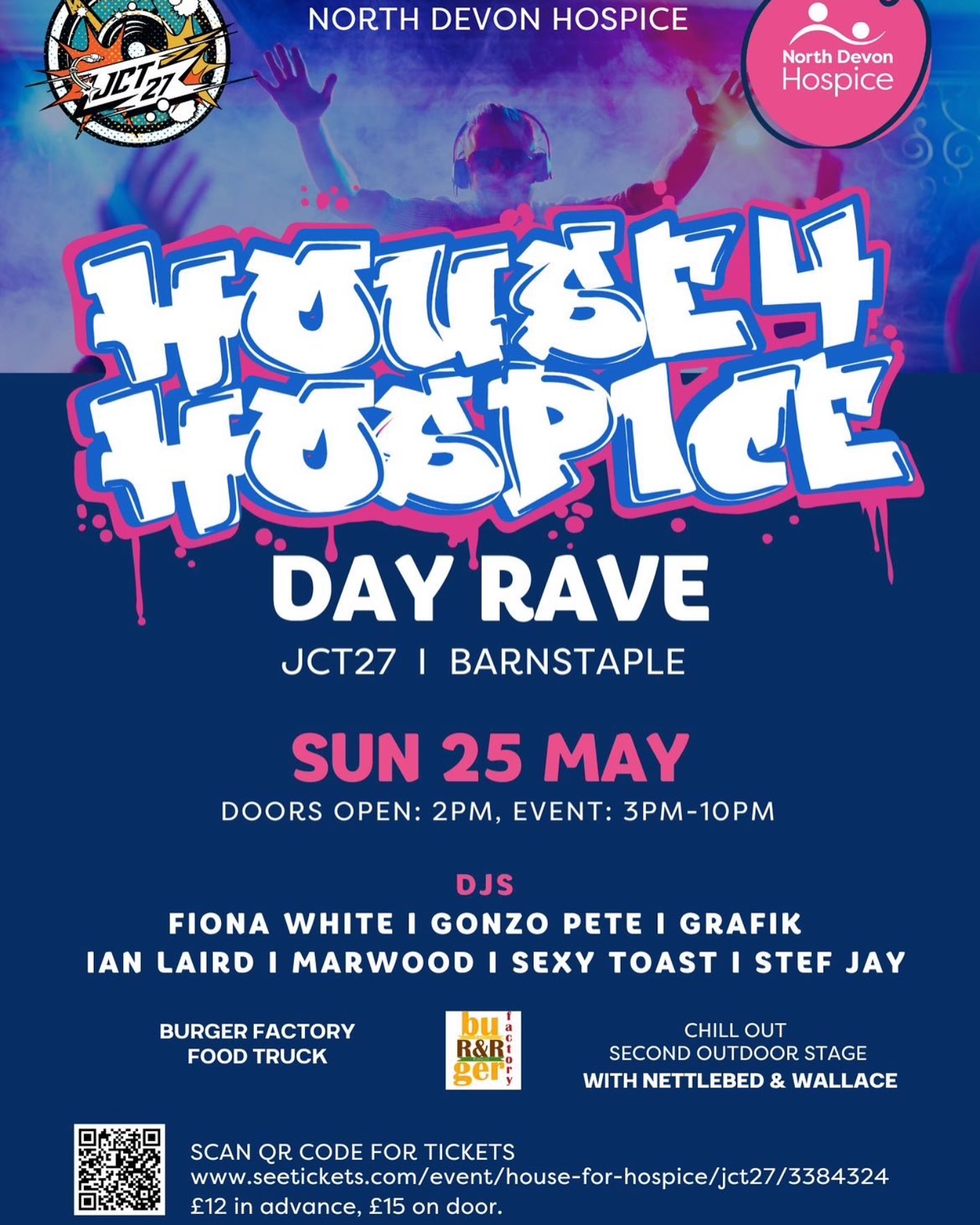 🚨 GIG ANNOUNCEMENT 🚨 🔥 🎶
🎧 HOUSE FOR HOSPICE 🎧
— Day Rave Fundraiser —
Get ready to lose yourself in the beat and experience the ultimate (almost) summer groove at our House for Hospice Day Rave! Dance under the lasers, feel the rhythm, and enjoy an unforgettable night with the best in house music.
⬇️ What’s in Store ⬇️
🔈 DJ LINE-UP
🔥 Fiona White @white_where_its_at
🔥 Gonzo.pete @liamgonzofairlie
🔥 Grafik @dj_grafik
🔥 Ian Laird @lairdgrooves
🔥 Marwood @djmarwood
🔥 Sexy Toast @sexytoastdj
🔥 Stef Jay @djstefjay
☀️(Almost) Summer Vibes Second outdoor stage/marquee area with DJs spinning those Balearic vibes and acoustic artists
🎤 NETTLEBED @nettlebedband
🎤 WALLACE @wildwallacemusic
🍔 Food truck from The Burger Factory serving the very best in home-made street food. 🥙
🥃 JCT27 Shot bar knocking out a variety of your favourite shots from Baby Guinness and Jägerbombs to Jam Doughnuts and much more.
Epic Light Show & Visuals: The usual stunning lights, visuals, and immersive sound experience that you’ve come to expect from JCT27 along with The Resplendent Robot 🤖 laser and LED covered dancing robot dude.
It’s the ultimate Bank Holiday Weekend experience you won’t want to miss.
🙏 Raising valuable funds for the amazing service The North Devon Hospice continues to provide.
📅 Sunday 25th May - Bank Holiday Weekend
⏰ 2:00pm - 10:00pm
📍Location: JCT27 - Barnstaple
🎟 Tickets available now from;
https://www.seetickets.com/event/house-for-hospice/jct27/3384324
