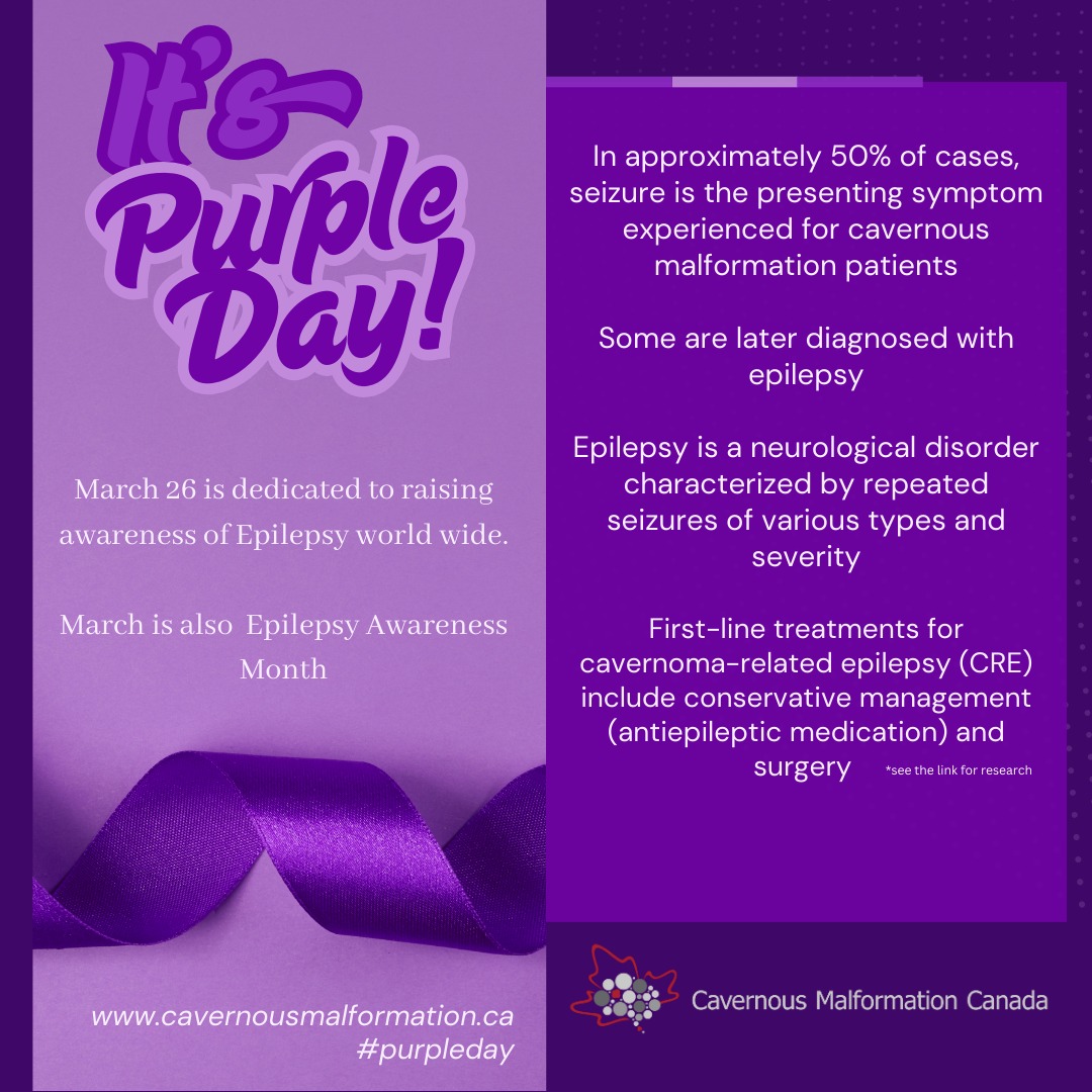 It's #purpleday !
Dans environ 50 % des cas, les crises d'épilepsie sont le symptôme initial des patients atteints de malformations caverneuses.
Certains patients reçoivent un diagnostic d'épilepsie ultérieurement.
L'épilepsie est un trouble neurologique caractérisé par des crises répétées de types et de gravité variables.
Les traitements de première intention de l'épilepsie liée au cavernome (ECR) comprennent la prise en charge conservatrice (médicaments antiépileptiques) et la chirurgie.
Access the link in our bio for research information!
#cavernousmalformation #cavernoma #epilepsyawarenessmonth #seizure