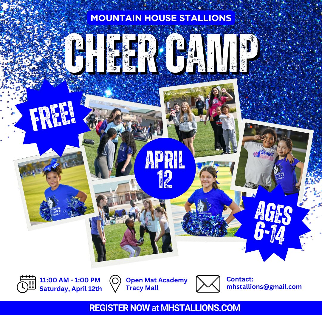 📣 Calling all future cheerleaders! 📣
Join us for the FREE Mountain House Stallions Cheer Camp on Saturday, April 12, 2025, from 11:00AM - 1:00 PM! 🏆✨
📍 Location: Open Mat Academy (Inside Tracy Mall)
📅 Open to all athletes ages 6-14
🎀 Learn fundamental cheer motions, jumps, dance, and sideline chants from expert coaches!
Don’t miss out on this exciting opportunity to build skills, confidence, and teamwork!
Register now at www.mhstallions.com or email mhstallions@gmail.com for more info!
#mhstallions #CheerCamp #FutureCheerleaders #FreeCheerCamp #mountainhouse