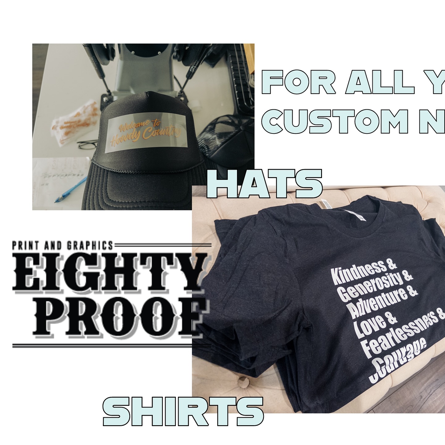 Hats, caps, shirts, signs, wraps and more… how can we help you and your brand?
#eightyproofprintandgraphics #80proof #eightyproof #decals #banners #posters #wraps #customshirts #htv #screenprint #dtg #digitalprint #sublimation #puzzles #coasters #phototiles #houston #texas