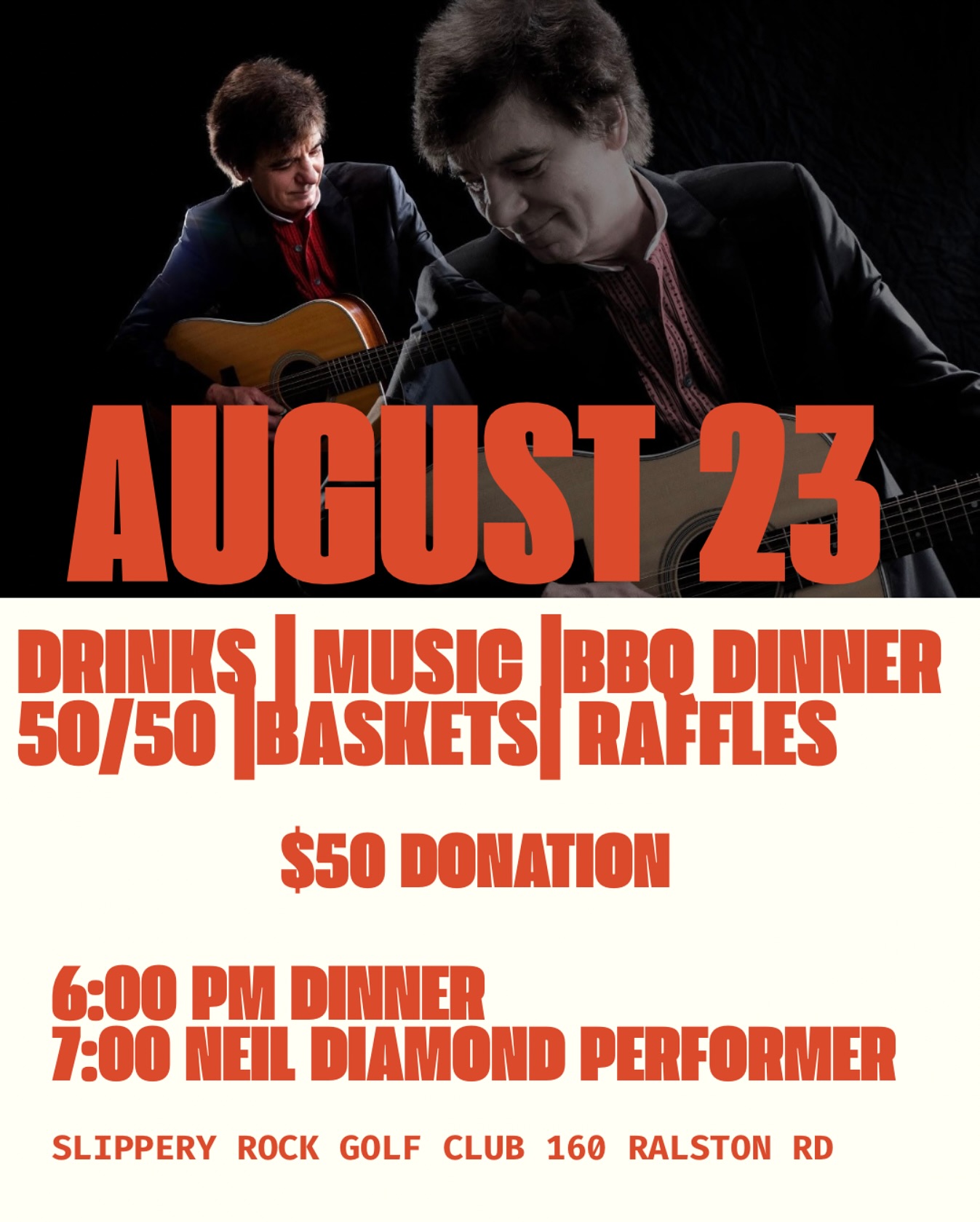 Now you can join in the festivities even if you don’t golf!! Saturday August 23 after the Golf Scramble join us for a BBQ dinner, drinks, basket raffles, 50/50 drawing, and now Entertainment with @denemscherder for a fun evening of all your favorite Neil Diamond songs! All tickets must be purchased in advance!