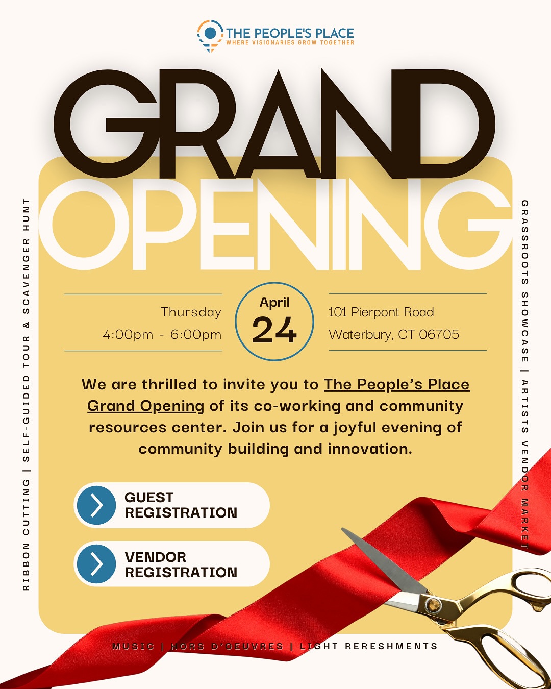 🚨🎉 IT’S OFFICIAL! 🎉🚨
Join us as we open the doors to Waterbury’s newest hub for organizing, entrepreneurship, creativity, and community building — The People’s Place! 🏢✨
📅 April 24, 2025
🕓 4:00PM – 6:00PM
📍 101 Pierpont Road, Waterbury, CT
We are thrilled to invite you to our highly anticipated Grand Opening to celebrate the tireless efforts of the changemakers, artists, and grassroots leaders who make our city thrive! Explore our new coworking & community resource center through an interactive, self-guided tour featuring:
🚀 Live demos of our work & event spaces
🎨 Artists Vendor Market showcasing local creatives
💡 Grassroots Showcase highlighting community organizations & movements
🤝 Networking with fellow organizers, entrepreneurs & creatives
🔗 RSVP now at the link in our bio!
Are you a local artist or grassroots organizer looking to showcase your work? Vendor spots are now available! Sign up today to be part of the Artists Vendor Market or Grassroots Showcase — details in our bio! 🎭📢
See you there! 💛✨