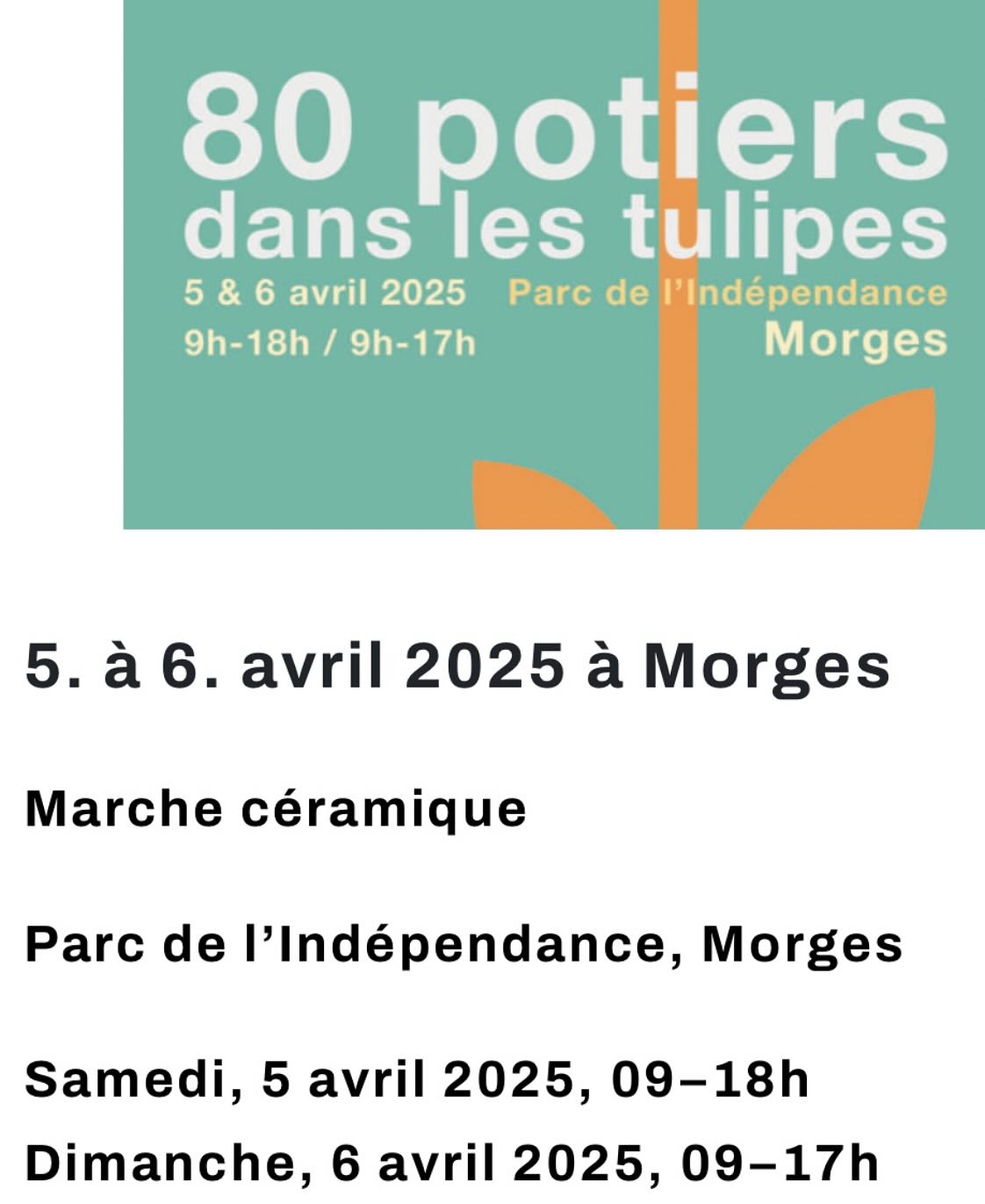 Ce week-end j’y serai avec mon stand, au plaisir de votre visite. 5. à 6. avril 2025 à Morges un grand marché de la céramique.
Parc de l'Indépendance, Morges
Samedi, 5 avril 2025, 09-18h
Dimanche, 6 avril 2025, 09-17h
@80potiers_tulipes