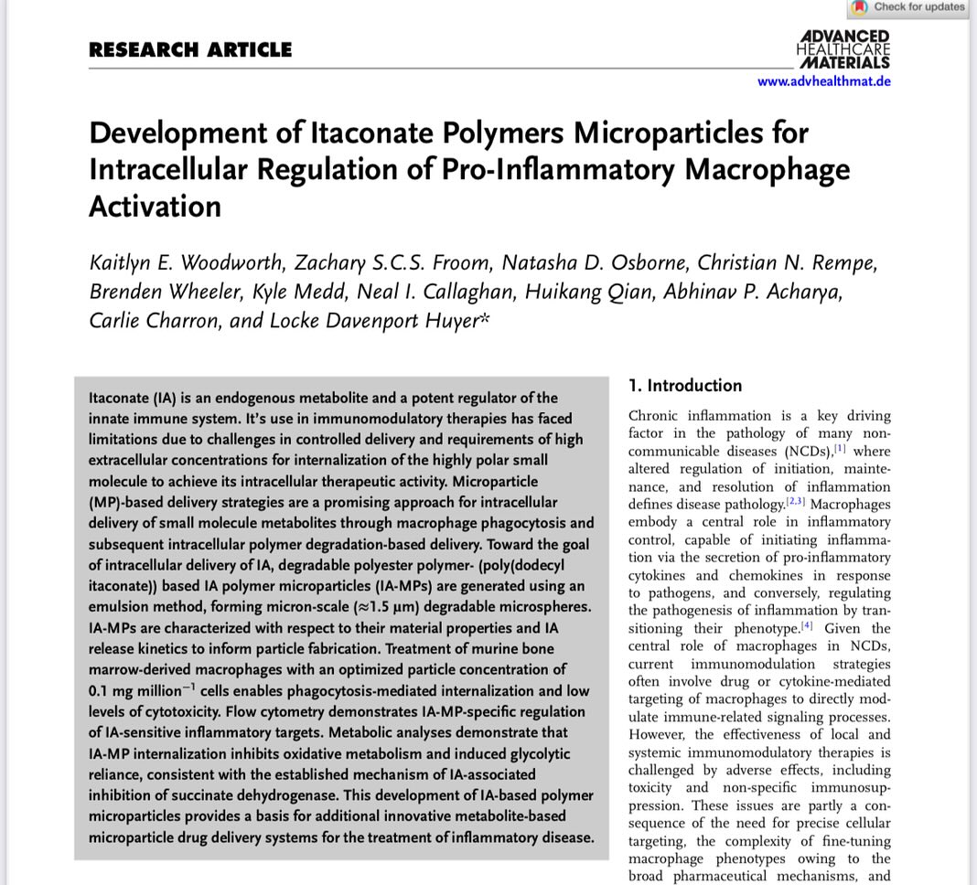 🧬 New Publication! 🧬
We developed itaconate-loaded polymer microparticles that can be eaten up by macrophages 🧫 and reprogram inflammation from the inside out.
This system mimics the natural immune-regulating powers of itaconate, but with controlled, localized delivery—a big step forward for metabolite-based drug delivery! 💊✨
Proud to share this work in Advanced Healthcare Materials, in collaboration with an amazing team from @dalhousieu and @cwru
Congratulations to @katiewoodworth_ and the rest of the team!
📄 Read the full article open access: https://lnkd.in/eyUBRkVx
📖 Link in bio
📍Dalhousie School of Biomedical Engineering
🔬 #biomaterials #drugdelivery #macrophages #immunotherapy #biomedicalengineering #inflammation #itaconate #researchhighlights #gradstudentresearch