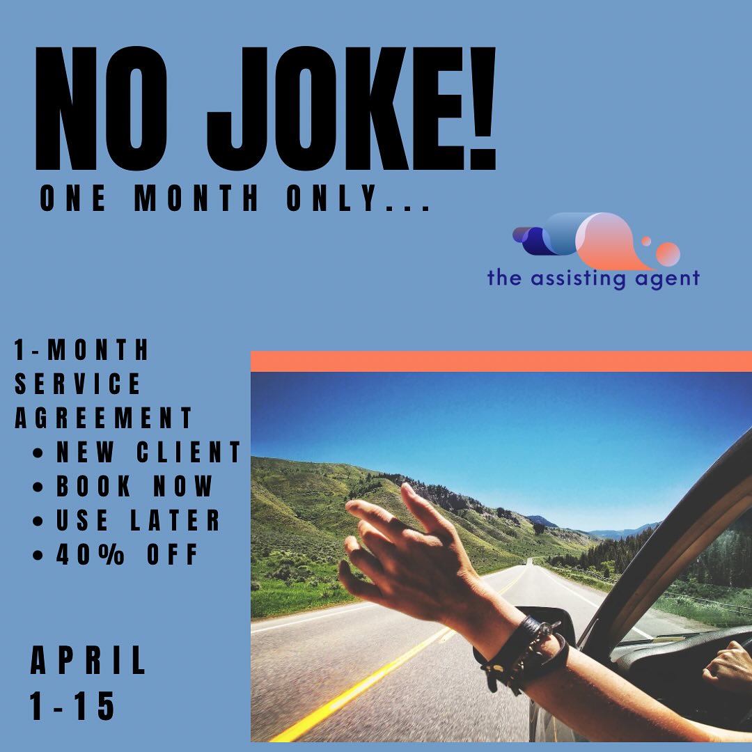 It may be April 1st but this is no joke!
For a limited time only, we are offering a discounted trial of our “Nightlight” package for Admin + Operations support services to new clients.
What you get:
✅ 20 service hours!
✅ Weekly team calls!
✅ Experience using a VA!
✅ 90 days to use your hours!
✅ Time back to catch up on life!
Visit our site and submit your inquiry today.
www.theassistingagent.com
#OBM #onlinebusinessmanagement #worklifebalance #familytime #selfcare #selflove #virtualassistant #COO #executiveassistant #digitalmarketing #adminsupport #customerservice #opsmanager #operationalsupport #theassistingagent #adminboutiqueagency #therealluxuryistime #getyourtimeback #timeismoney #timemanagement #savetime