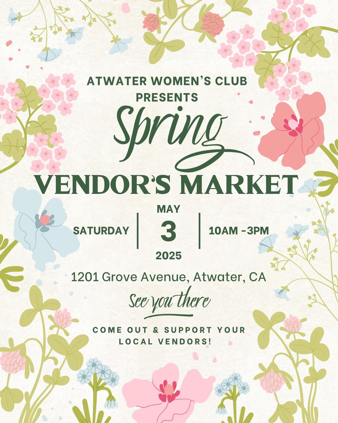 🌸💚🌸
AWC is looking for…👀
A FEW GOOD VENDORS!!!
🌷🌸🌿🌷🌸🌿🌷🌸🌿
We have a limited number of spaces available for our Spring Market Faire!The DEADLINE is approaching ~
April 11 ~ but we will also accept waitlist applications for consideration.
🩵🩵🩵🪺🥚🐣🐥🪿🤍🤍🤍
If you would like to participate
Please contact Kalisa Rochester at
209.777.3546 for an application or more information!
🌸🌷🪿🌸🌷🪺🌸🌷🩵🌸🌷
#atwaterwomensclub #atwater #atwaterca #atwatercalifornia