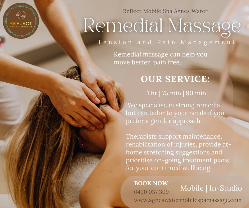 Remedial Massage in Agnes Water | 1770 | Captain Creek
Reflect Mobile Spa Agnes Water offers high quality remedial massage treatments, tailored to your needs performed by qualified and experienced therapists.
Remedial techniques can be used in conjunction with cupping and scraping therapy (body Gua Sha) to relieve pain, tightness, improve flexibility and circulation.
Whether you are suffering from:
-chronic pain in your neck, shoulders, lower back, legs
-aches and pains from sports or other strenuous activities
-stiffness from too much sitting
-old injuries
-arthritis
-stress, anxiety, insomnia
Reflect Mobile Spa is here to assist in regaining your freedom to move, pain free!
Both mobile and in-studio appointments are available for your convenience.
Reflect Mobile Spa has been trusted in serving the Agnes Water community for over 12 years!
To book, simply:
📞call or text 0490 037 309
💌Send us a direct message
📋Fill out a booking request:
www.agneswatermobilespamassage.com/contactmobilemassagetherapist
💆♀️Learn about other products and services we offer at: www.agneswatermobilespamassage.com
What our clients are saying:
Ian- “Remedial massage that was both brutal and healing, as they should be. Great communication with this company trying hard to accommodate your needs, totally recommend!!”
Albert: “11/10. Seriously good 👌
Within the first 10 minutes I wanted to see if they had a booking straight after as I was up for back to back appointments.
I’m planning my next trip to Agnes just for the massage…the beautiful beach is just a bonus!!”
Tamika: “Amazing massage with Lorna!! She was incredible. Got into all the niggly spots too. I got a mobile massage and the whole process was quick and easy. Will definitely book again.”
I’m here to answer any questions you may have.
Hope to see you on the table soon,
Brittany
Reflect Mobile Spa
#agneswaters #agneswater #agneswater1770 #southerngreatbarrierreef #visitagnes1770 #remedialmassage #holidaymassage #holidaymode #reflectagneswatermobilespa