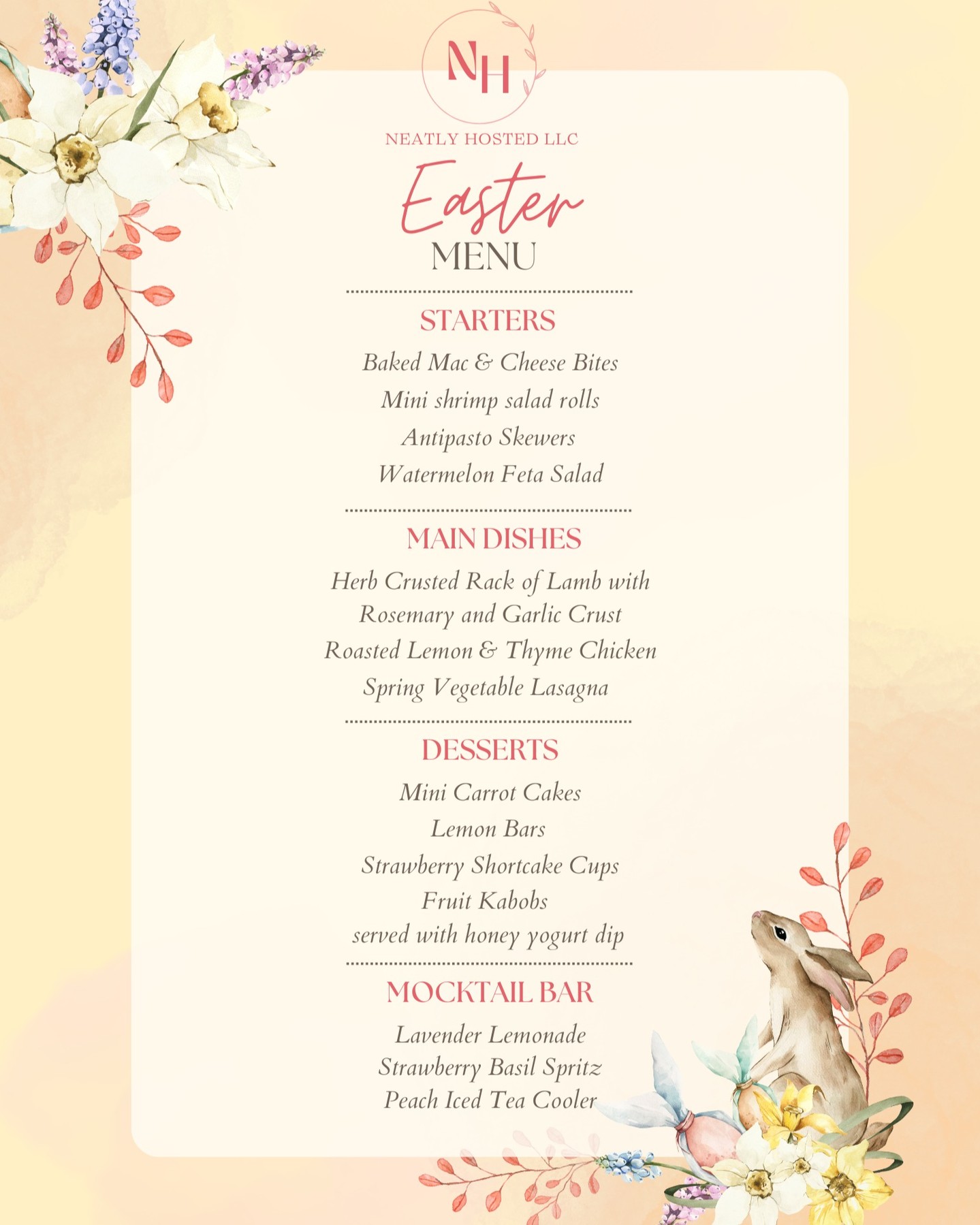 Hop into spring with a table full of love 💐🐣✨
From herb-crusted lamb and roasted lemon chicken to mini carrot cakes and our refreshing Easter mocktail bar—this year’s Easter menu is a client favorite in every bite! 💛
📸 Book your Easter gathering with Neatly Hosted today and let us bring the flavor, fun, and festive spirit to your celebration.
🕊️ For a limited time we are offering a 10% Discount for our Easter menu selections—DM us or email us at: customercare@neatlyhosted.com. We look forward to catering your next event!
#EasterCatering #NeatlyHosted #SpringCelebration #FamilyEaster #EventCatering #CarrotCakeSeason #EasterBrunch #MocktailBar #EasterHoliday #CateringLife #Caterers #Celebration #Easter #Delicious #Menu