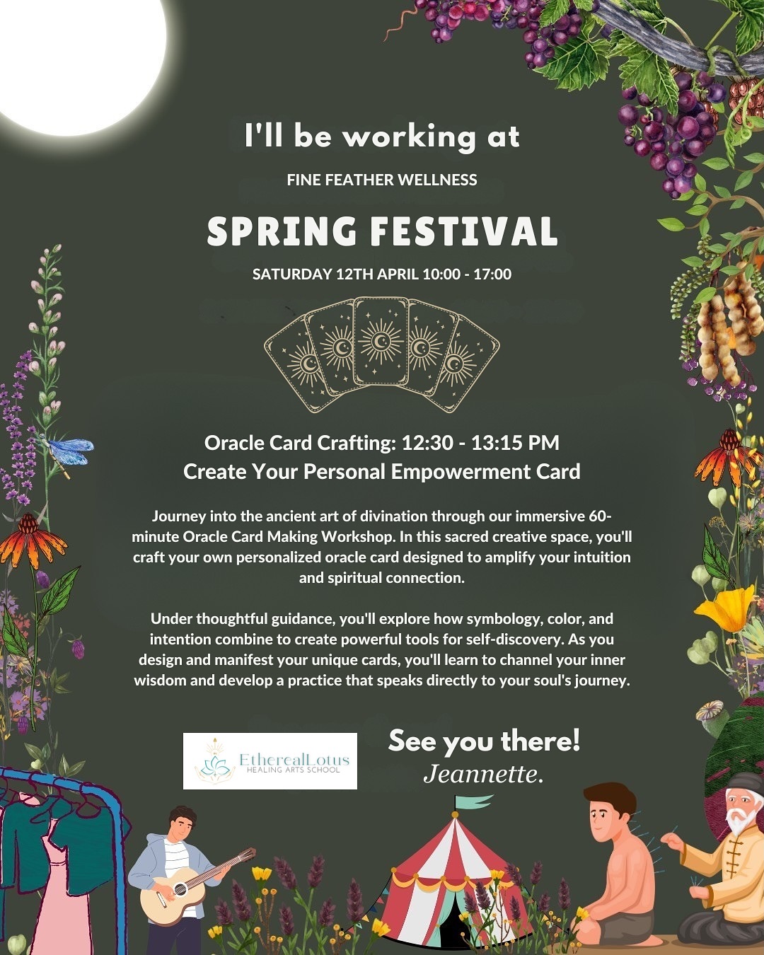 Come join us for a fun-filled Spring Festival at Fine Feather Wellness Hove!
Join me from 12:15-13:15 for Oracle Card Crafting: Create Your Personal Empowerment Card
🎴Journey into the ancient art of divination through our immersive 60-minute Oracle Card Making Workshop. In this sacred creative space, you’ll craft your own personalized oracle card designed to amplify your intuition and spiritual connection.
Under thoughtful guidance, you’ll explore how symbology, color, and intention combine to create powerful tools for self-discovery. As you design and manifest your unique cards, you’ll learn to channel your inner wisdom and develop a practice that speaks directly to your soul’s journey.
This workshop offers:
• Insights into the rich history and spiritual significance of oracle traditions
• Practical techniques for meaningful card design and interpretation
• Exercises to deepen your intuitive connection and personal empowerment
• All creative materials provided for your custom oracle creation
Whether you’re a seasoned spiritual practitioner or curious newcomer, you’ll leave with your own hand-crafted oracle cards—powerful talismans attuned specifically to your energy and purpose.
The days schedule includes outdoor stalls and vendors ✨
Chair Massage by Racheal - all day
Tarot Reading by Saira - All day
Quantum healing by Saira - All day
Conscious clothing By Sage Holistic - All day
Music by Trees with Roots
Workshops: Must Book Your Space for Each Workshop✨
11:00 - 12:00 Singing Bowl Circle with Naomi @ResoundingUK
12:15 - 13:15 Oracle Card Crafting: Create Your Personal Empowerment Card with Jeannette Rodriguez
13:30 - 14:30 Standing in your sovereignty with Gail Murray
15:00 - 16:00 Discover Acupuncture with Sue Kalicinska
17:30 - 18:30 Balemba dance & Tea Ceremony with Kelinda
We look forward to seeing you there!