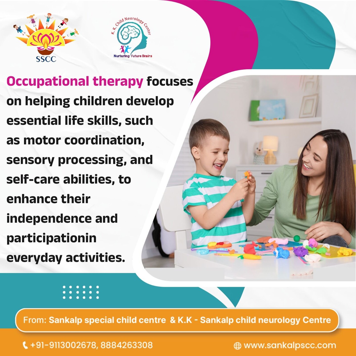 π Occupational therapy helps children shine by building vital life skills! π§ β¨ From improving motor coordination ποΈ and sensory processing π¨ to mastering self-care skills π, OT empowers kids to grow independently and participate fully in daily life. πͺπ At Sankalp Special Child Centre & K.K. Child Neurology Centre, weβre dedicated to nurturing future brains with love and expertise. π©ββοΈπΆ
π Call us today to support your childβs journey!
π www.sankalpscc.com
#OccupationalTherapy #ChildDevelopment #SpecialNeedsSupport #SankalpCentre #TherapyForKids #MotorSkills #IndependenceMatters #SensoryPlay #ParentSupport #BrightFuture ππ§Έ