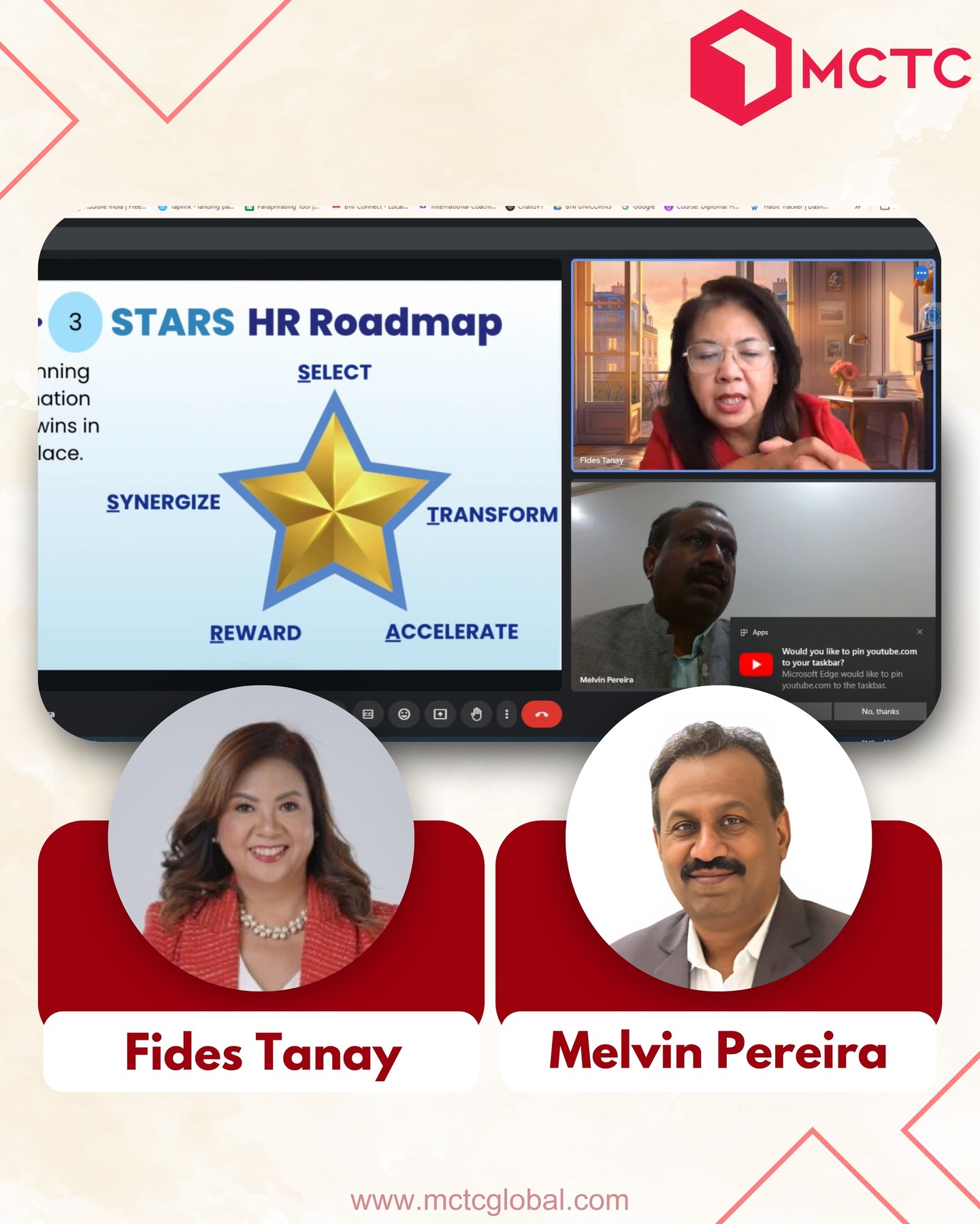 Empowering HR with Vision and Strategy! 💼
An insightful exchange with Fides Tanay from the Philippines, CEO & Founder of Faith & Possibilities HR Consulting & Coaching. Her STARS HR Roadmap is a game-changer in redefining workplace success through synergy, transformation, and acceleration.
Excited about the possibilities ahead!
#MCTCGlobal #HRLeadership #FaithAndPossibilities #GlobalCollaboration #Coaching #HRTransformation #MelvinPereira #BusinessConnections #bni #habitcoach #leadershipcoach