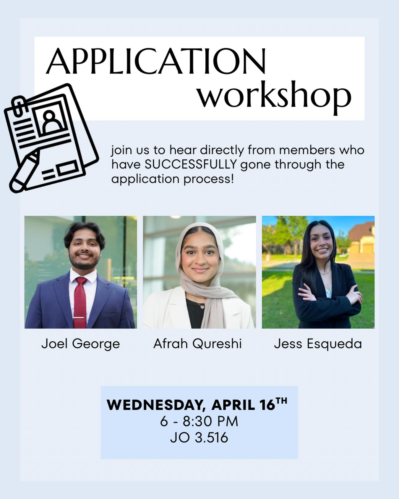 Thinking about dental school? Whether you’re applying soon or just getting started on your pre-dental journey, our Application Workshop is for YOU! 😎👍
Hear from successful students who’ve been through it all — from choosing schools 💭 to writing personal statements ✍️ and prepping for interviews 💬
📍 JO 3.516
🗓️ Wednesday, April 16
⏰ 6 – 8:30 PM