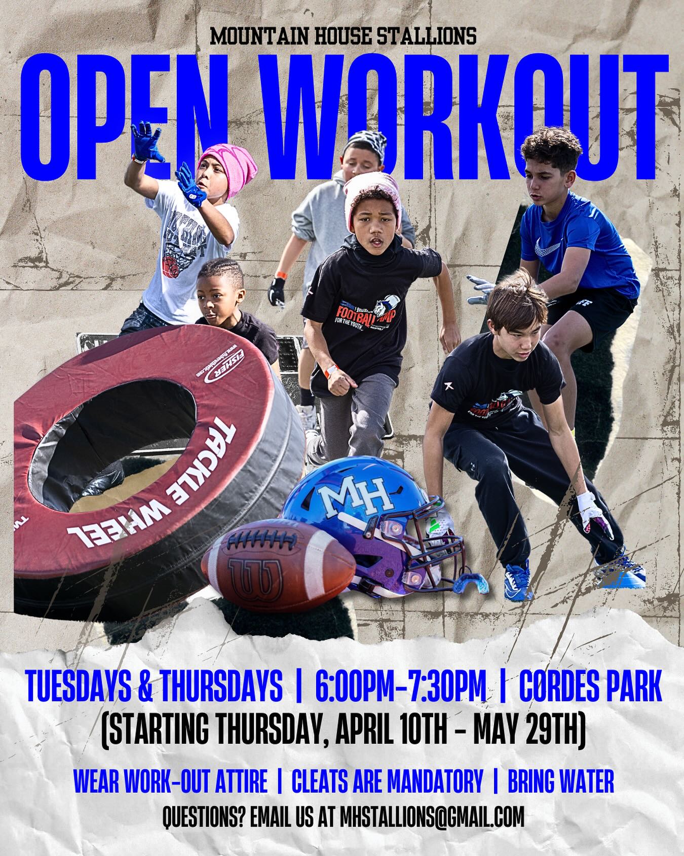Stallions Open Workout for the 2025 season will start on Thursday, April 10th. All workouts will be at Cordes Park from 6:00PM - 7:30PM.
Please wear workout attire (blue, black, white) and bring plenty of water. CLEATS ARE MANDATORY.
All returning Stallions, please try your best to attend these sessions!
If you have any questions, please email us at mhstallions@gmail.com.
