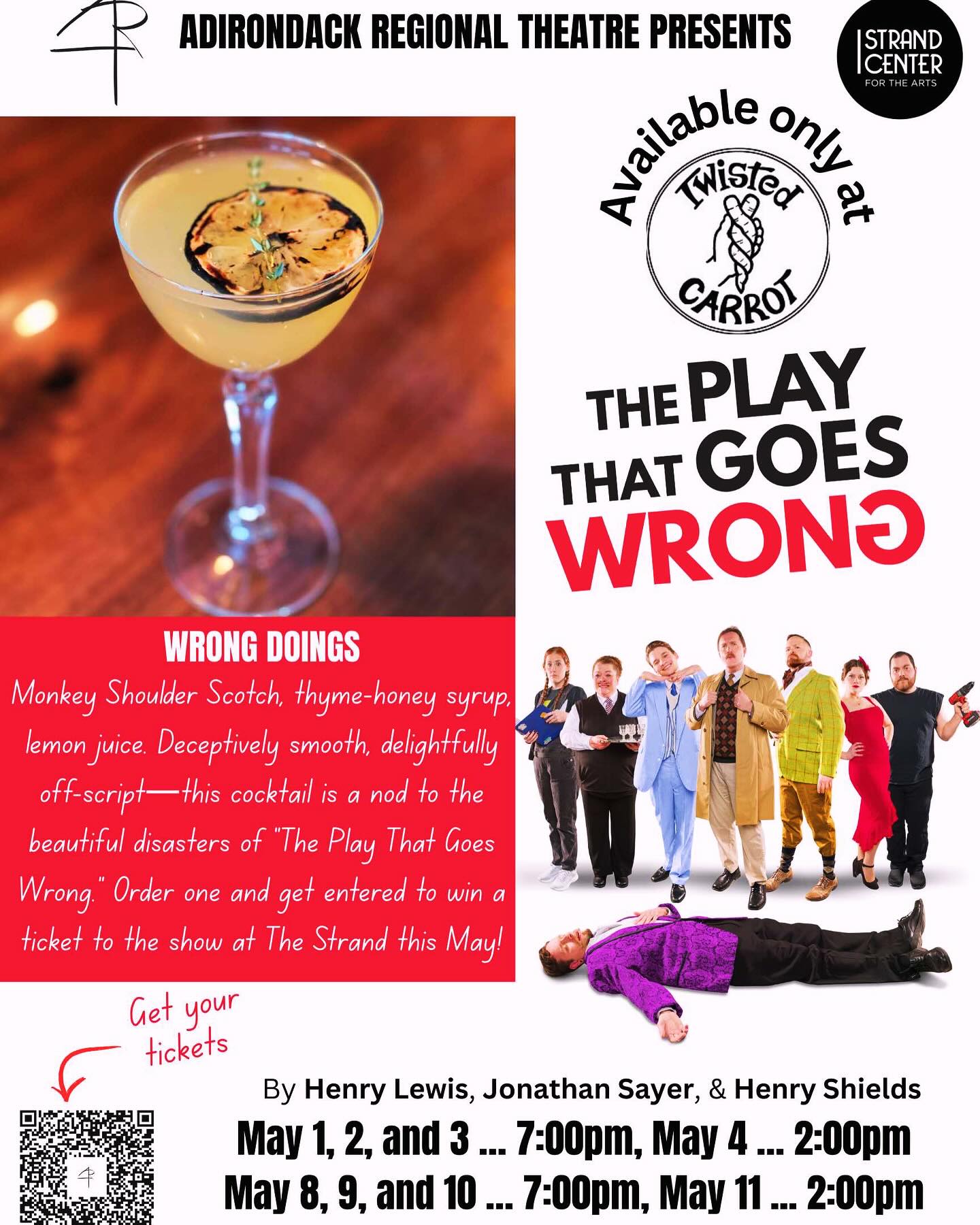 🌟 We’re partnering with The Strand Center for the Arts! Order a “Wrong Doings” cocktail & be entered to win a ticket to “The Play That Goes Wrong” in May! 🌟
.
🧀 This is also the last day to order our grilled cheese for the Lake City Grilled Cheese competition & to support NAMI! 🧀
.
#wrongdoings #theplaythatgoeswrong #grilledcheese #downtownplattsburgh #plattsburghrestaurants #twistedcarrot #cheers