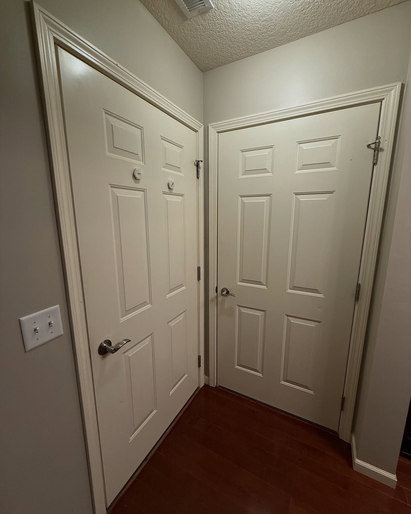 Small job, BIG difference! The homeowner painted his home this pretty gray/beige. When it came to awkward heights and stairs, he decided to leave it to the professionals. Now the stairwell matches the rest of his home, and all the little pet scratches are fixed!