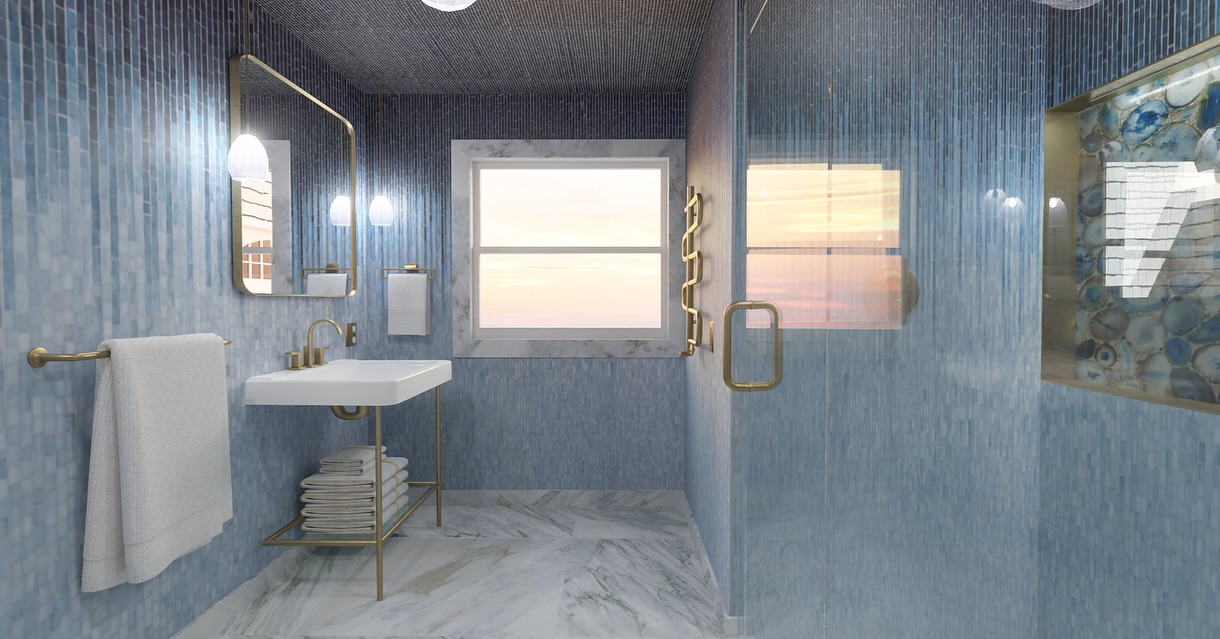 Bathed in blue 💙 This bathroom concept features a backlit agate wall niche- framed in brass, gradient deep blue to ivory mosaic wall tile- with the darkest navy blue mosaic also adorning the ceiling, light marble floor tile with blue-grey, green and gold veins, and brass fixtures throughout; including a funky towel warmer.
#riinteriordesigner
#bluebathroom
#midcenturybathroom
#saunderstownmidmod