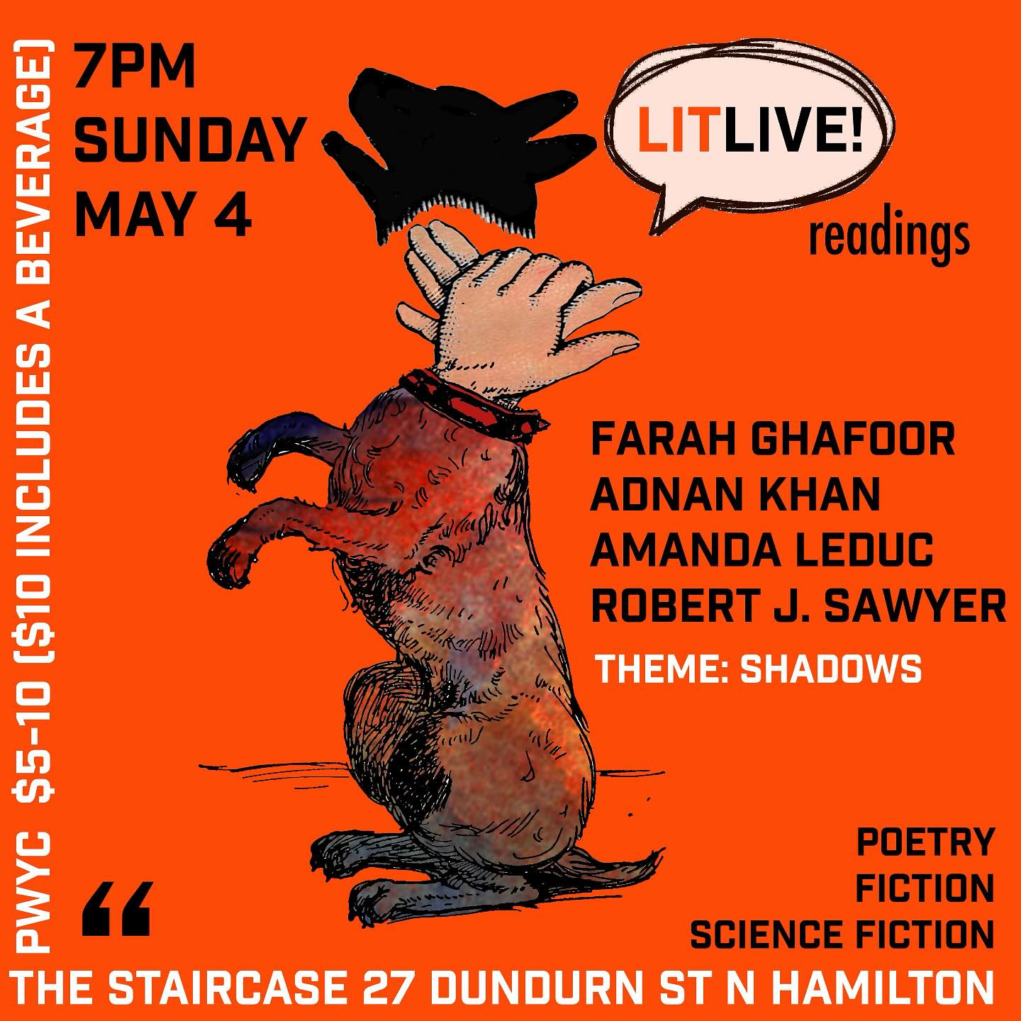 Lit Live is back MAY 4th (no Star Wars jokes allowed) at @thestaircase featuring 4 amazing Canadian authors @farah.ghafoor @amanda.leduc @rjsinto & Adnan Khan ๐ค๐๐ค Theme is SHADOWS ๐ค๐ค๐ค #readingseries #hamont #literaryevent #writingcommunity #canlit
