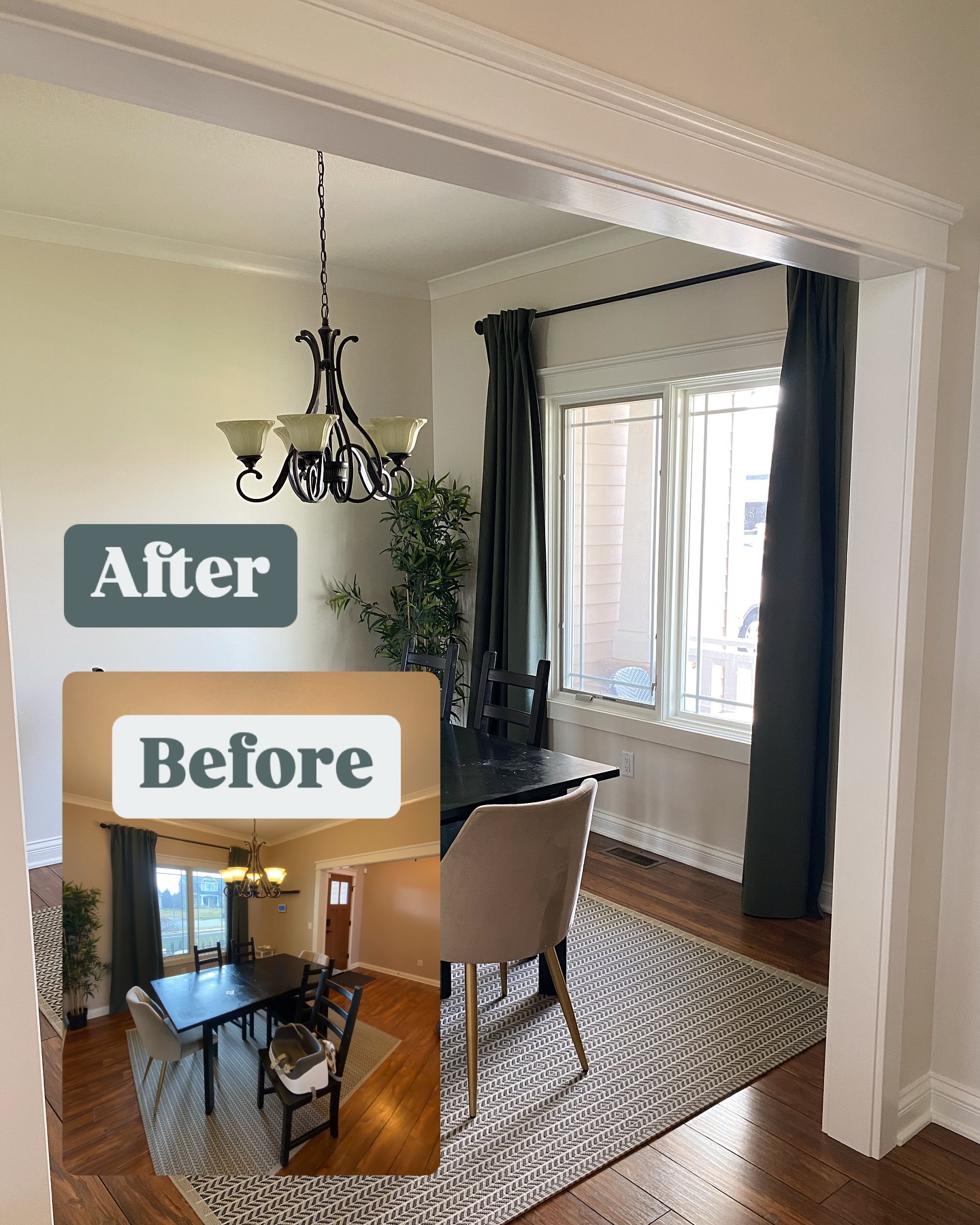The way the white trim and fresh neutral walls made this dining room look modern and clean 😍