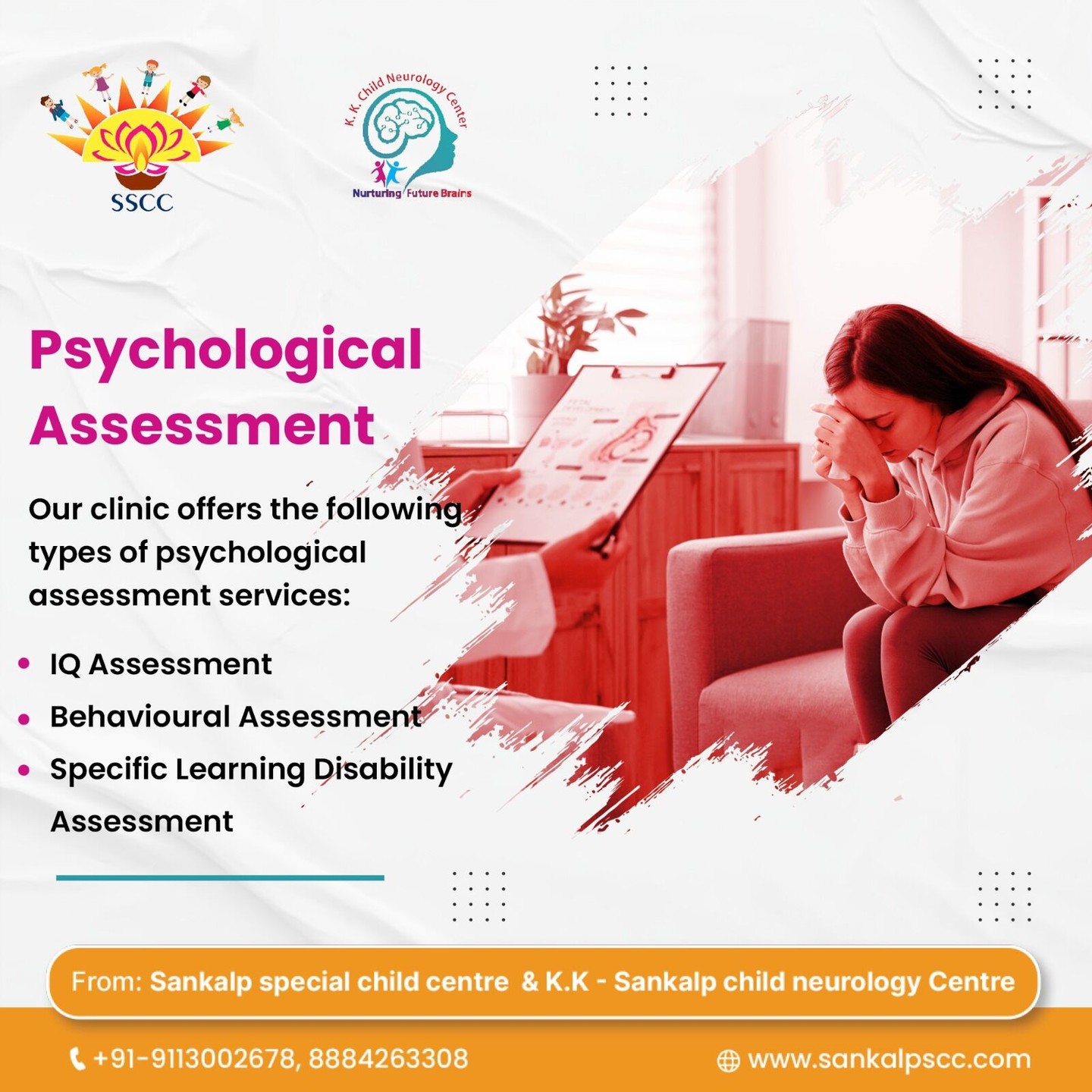 Struggling with learning, behavior, or emotional concerns? π§ π¬ At Sankalp Special Child Centre & K.K. Child Neurology Centre, we offer expert psychological assessments to better understand and support your childβs needs. Our services include IQ testing, behavioral evaluations, and specific learning disability assessments β
. Early diagnosis leads to better outcomes, and weβre here to guide you every step of the way with compassion and care ππ.
π +91-9113002678, 8884263308
π www.sankalpscc.com
#PsychologicalAssessment #ChildCare #MentalHealthMatters #SpecialNeedsSupport #SankalpCentre #LearningSupport #ChildDevelopment #EarlyIntervention