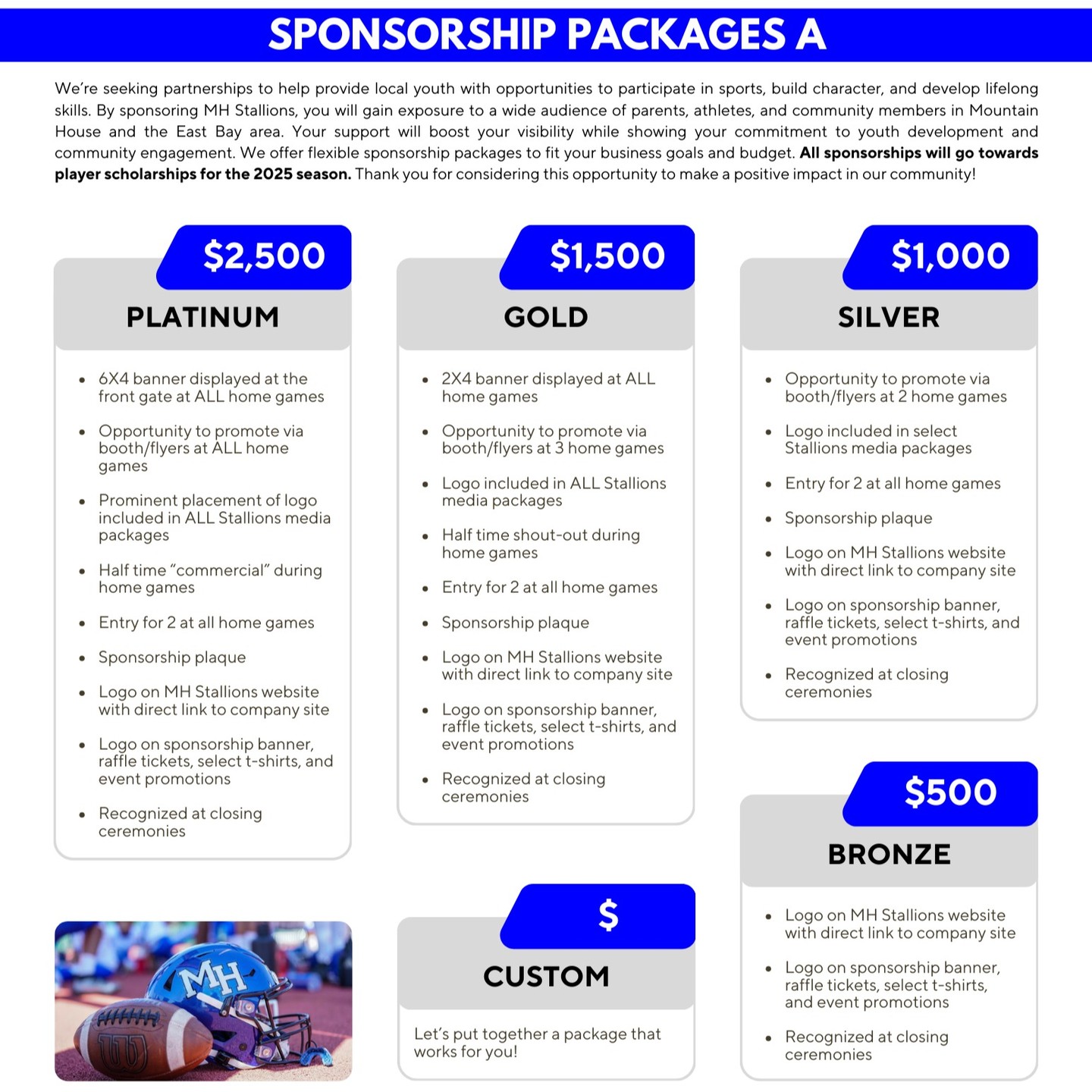 🏈📣 Support Our Future Stars! Sponsorships Now Open! 📣🏈
We’re gearing up for an incredible season and we need YOUR help to make it happen!
Our young athletes are putting in the work, building character, teamwork, and community pride — but we can’t do it without support from generous local sponsors like YOU.
✅ Promote your business to hundreds of local families
✅ Help fund equipment, uniforms, travel, and more
✅ Make a lasting impact on the lives of our youth
Whether you're a small business or a big supporter of youth sports, there’s a sponsorship level that fits YOU!
📩 DM us or email mhstallions@gmail.com to learn more about sponsorship opportunities today!
Let’s make this season unforgettable — TOGETHER!
#YouthFootball #YouthCheer #CommunitySupport #SponsorLocal #FutureChampions #TeamWorkMakesTheDreamWork #SupportYouthSports