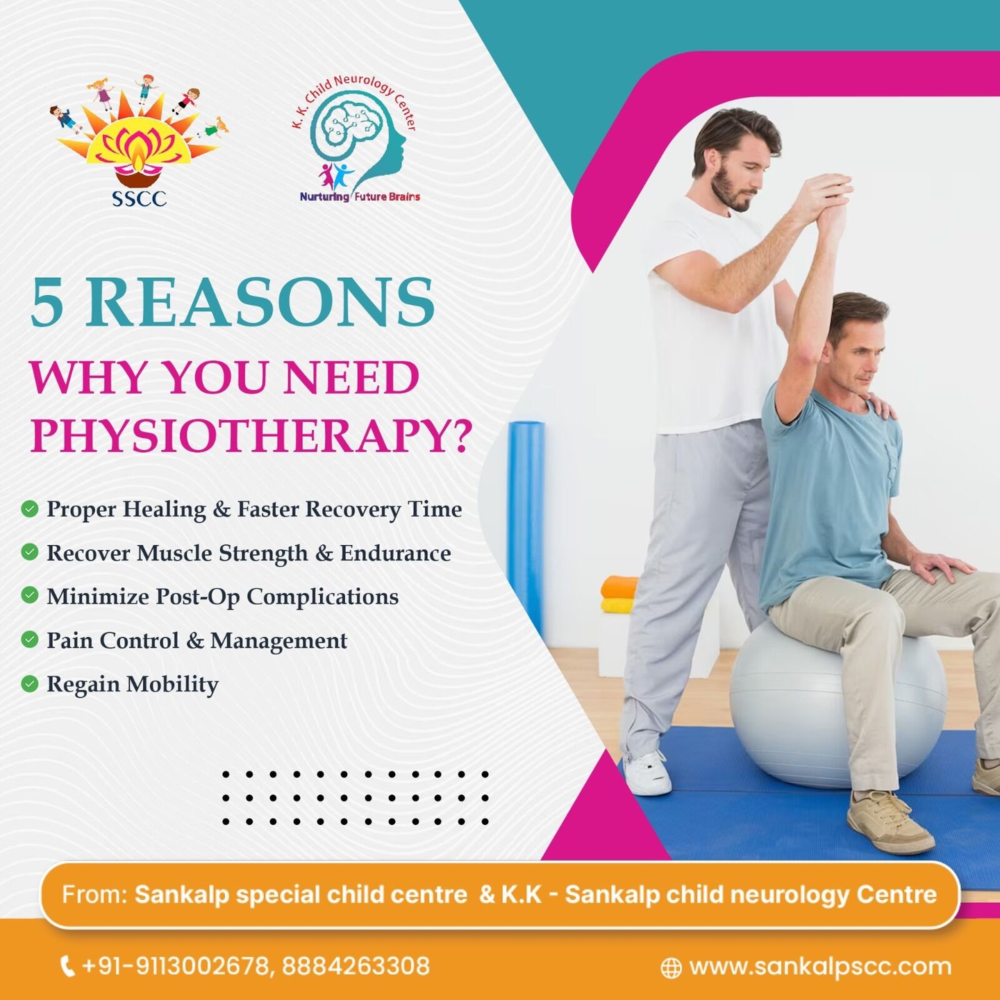 π₯β¨ Physiotherapy is the key to faster healing and better health!
Here are 5οΈβ£ reasons why you need it:
β
Faster recovery and proper healing
β
Regain muscle strength & endurance πͺ
β
Minimize post-op complications π₯
β
Pain control and management π§ββοΈ
β
Restore your mobility and independence πΆββοΈ
At Sankalp Special Child Centre & K.K. Sankalp Child Neurology Centre, we are committed to your full recovery and better tomorrow! π
Let's heal, strengthen, and move better together! π
π Call us today!
#PhysiotherapyMatters #SankalpCare #HealingJourney #StrongerEveryday #HealthFirst #PainFreeLife #MobilityMatters #WellnessJourney