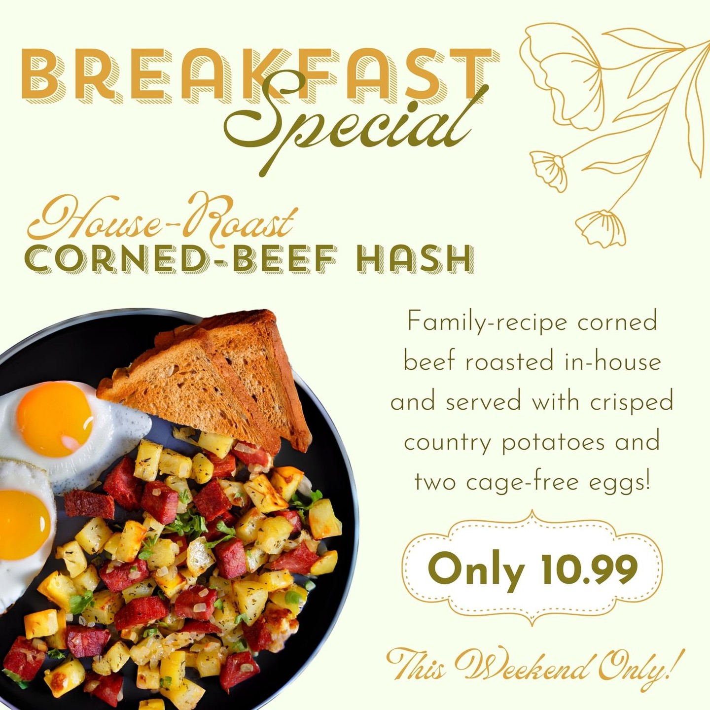 🧡 Weekend Breakfast Special at Porters 🧡
For our first special from our BRAND NEW BREAKFAST MENU, meet the heart of the breakfast table on the Jamison ranch: our family-recipe house-roasted Corned Beef Hash, tossed with hearty country potatoes and special seasoning, topped with two cage-free eggs cooked your way, and served with a choice of toast or English muffin - a family favorite we're sure you'll love!
👉 Available this Friday, Saturday, and Sunday until 11am for a special price of $10.99!