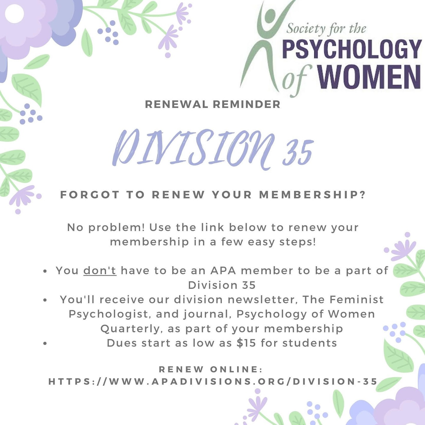 As a member you get benefits such as voting in division elections/matters, a strong sense of community, and access to resources, workshops, and more. Use the link above to find out more information. (And on an iPhone you can screenshot this post then scan the text to copy the link!) #apadiv35 #thepsychologyofwomen #womensmentalhealth #psychology #womeninpsychology #apa