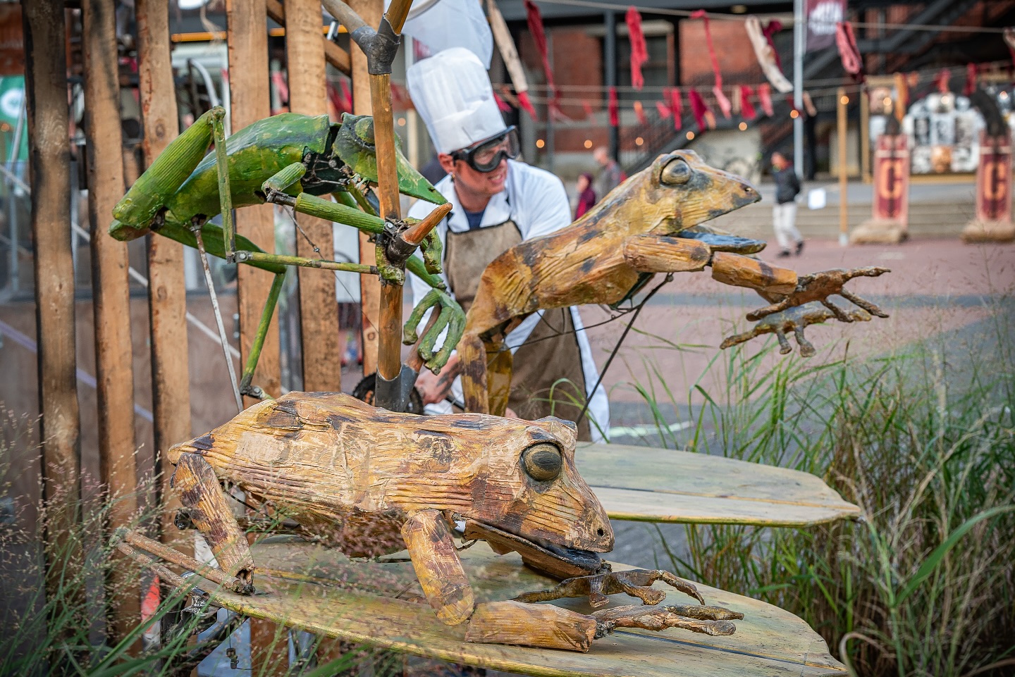 Les Grenouilles Perdues is een betoverende mechanische installatie met een knipoog naar de nijpende situatie van amfibieën in Europa – wist je dat maar liefst 90% met uitsterven wordt bedreigd?
In deze levendige opstelling springen kikkers vol enthousiasme op en neer, hun bek wijd open en weer dicht klappend. Maar let op: ze hebben honger! Het is aan de deelnemers om hen op tijd te voeden en zo hun voortbestaan te verzekeren.
De groene kikker, de bruine kikker en de boomkikker tonen niet alleen een knap staaltje mechanisch vakmanschap, maar brengen ook een verhaal. Misschien onthult de machienist achter de installatie wel het geheim van de kikker…
Laat het jullie smaken!
