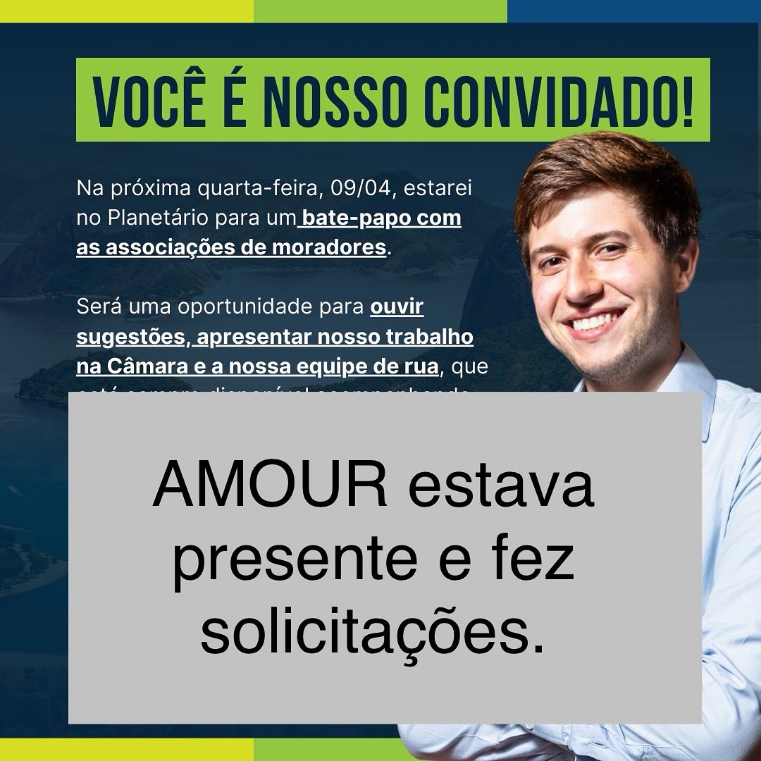 Representada pela Celi, sua Presidente, a Amour participou de uma reunião do vereador Flávio Valle com as Associações de Moradores.
O Subprefeito Bernardo Rubião, estava à mesa, junto com o vereador.
Pedimos, então, ao Subprefeito que verificasse questões pendentes da Urca, e, ao Vereador, que acompanhasse a resolução destas.
Questão número 1: a poda da árvore inclinada sobre a pista, em frente à Escola Eleva, com risco de queda.
Questão número 2: o reparo do guarda corpo da ponte do quadrado, rachado numa das extremidades.
Questão número 3: A retomada das 45 vagas de estacionamento, das Ruas Urbano Santos Odílio Bacelar, cujo processo aberto pela Amour, permanece parado.
Confiantes no apoio do Vereador Flávio Valle aguardamos a resolução dessas questões.
.
@subzonasul.rio @flaviovalle.rio
