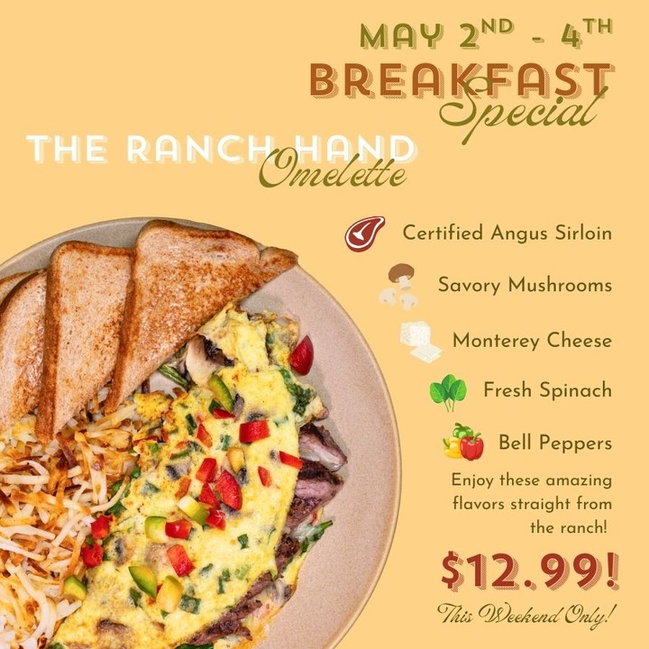 🐂 Fuel Up this weekend with the Ranch Hand Omelette! 🍳🔥
Thick slices of flame-kissed Angus Certified sirloin, savory mushrooms, fresh spinach, bell peppers, and melty Monterey Jack cheese—all folded into one hearty, flavor-packed omelette made to feed your day ahead!
On special this weekend for only $12.99!
⏳ Available Friday–Sunday, until 11am!
#PortersBreakfast #FarmingtonEats