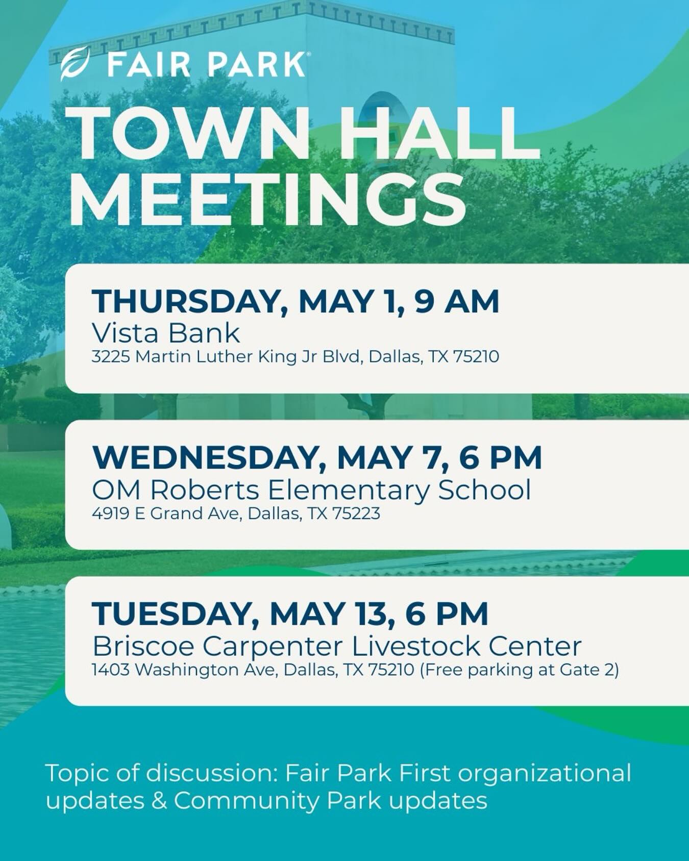 Be a part of the conversation! Fair Park is hosting Town Hall Meetings this May, and we want to hear from you!
Join Fair Park leadership as we discuss updates on our organization and the Community Park project.
To submit your questions, click the link in our bio or visit fairparkdallas.com. See you there!