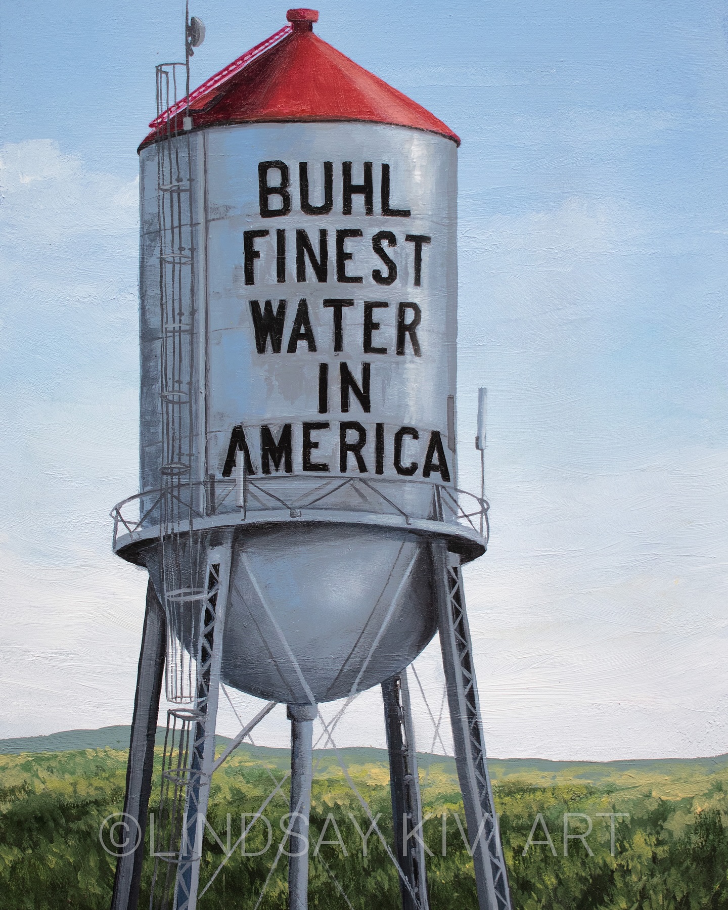 My hometown, Buhl,MN. This is not my typical work but I was compelled to paint this piece during the early discussions to replace the historic Buhl water tower.
*Limited Edition prints are available in multiple sizes with free shipping:
https://www.lindsaykivi.com/limited-edition
Buhl is noted for its pure water, supplied by a glacial aquifer located 700 feet deep below the surface, encased in 300 feet of solid granite. This is reflected in the city’s motto, prominently displayed on the town’s water tower. For decades, the iconic Buhl Water Tower has stood as a proud symbol of the town’s identity and heritage. Its bold declaration of “The Finest Water in America” serving as both a point of pride and a reminder of the natural treasure beneath the ground.
Soon, however, the structure will be retired, making way for a new, modern water tower that will better serve the city’s infrastructure needs. While the original tower will be missed, its legacy will live on in the new design and in every glass of Buhl’s famously pristine water.