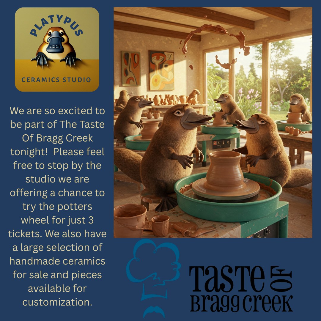 Come by and see us at @tasteofbraggcreek tonight. We have a large selection of handmade ceramics and you can give the potters wheel a go! Can not wait to see you in the studio! Cheers Erin and Peter. #braggcreek #yycevents #calgarypotterymarkets #braggcreekchamber #tasteofbraggcreek
